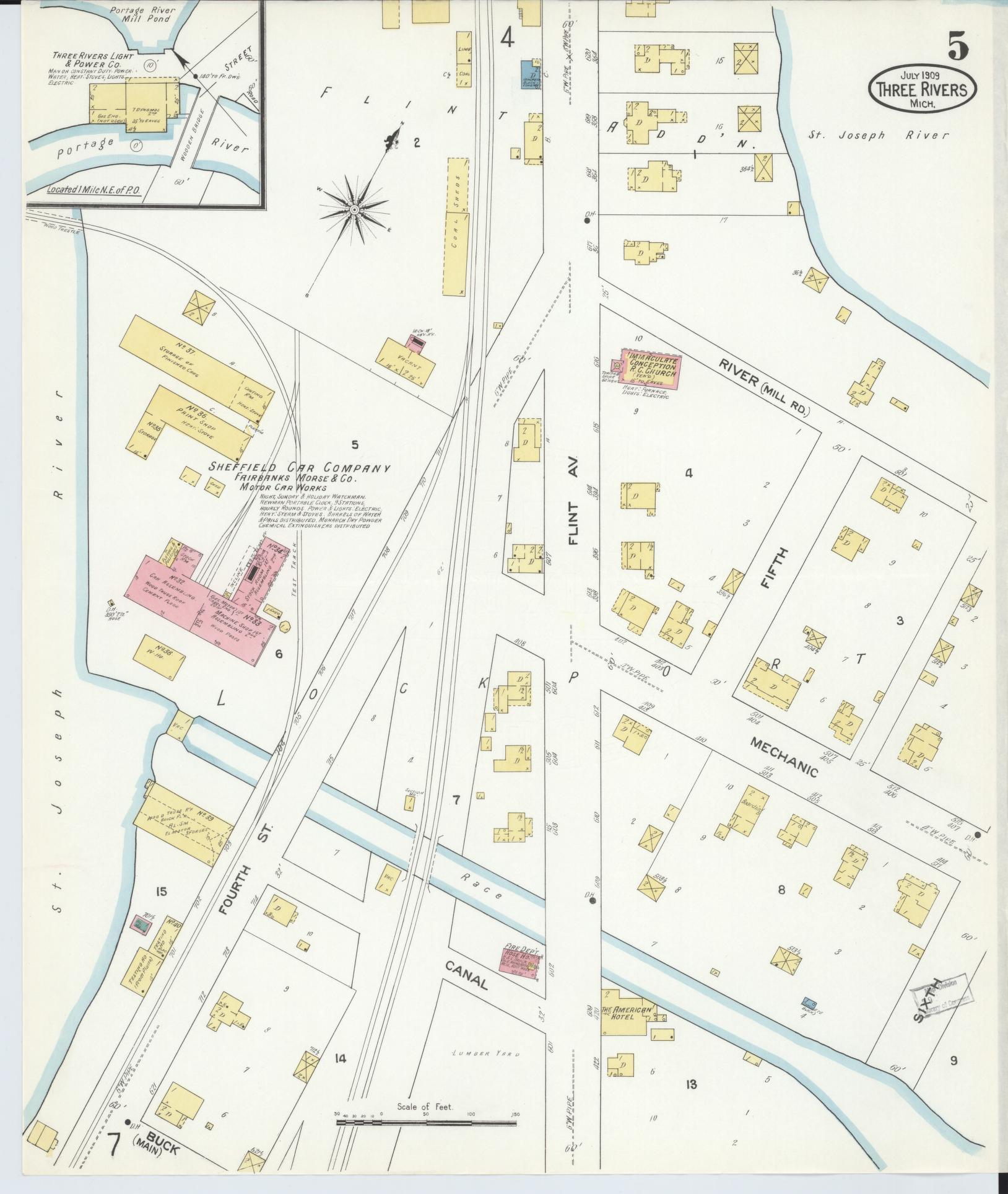 Sanborn Fire Insurance Map from Three Rivers, Saint Joseph County, Michigan (1909), Sheet #0005 - Complete Map Set gallery image, historic Sanborn map, vintage wall art, Michigan Michigan