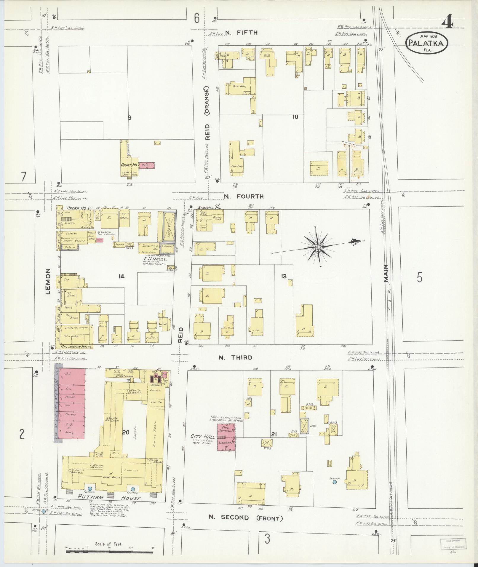 Sanborn Fire Insurance Map from Palatka, Putnam County, Florida (1909), Sheet #0004 - Historic Sanborn Fire Insurance Map Print, vintage old map wall art, antique decor, genealogy gift, Florida Florida map