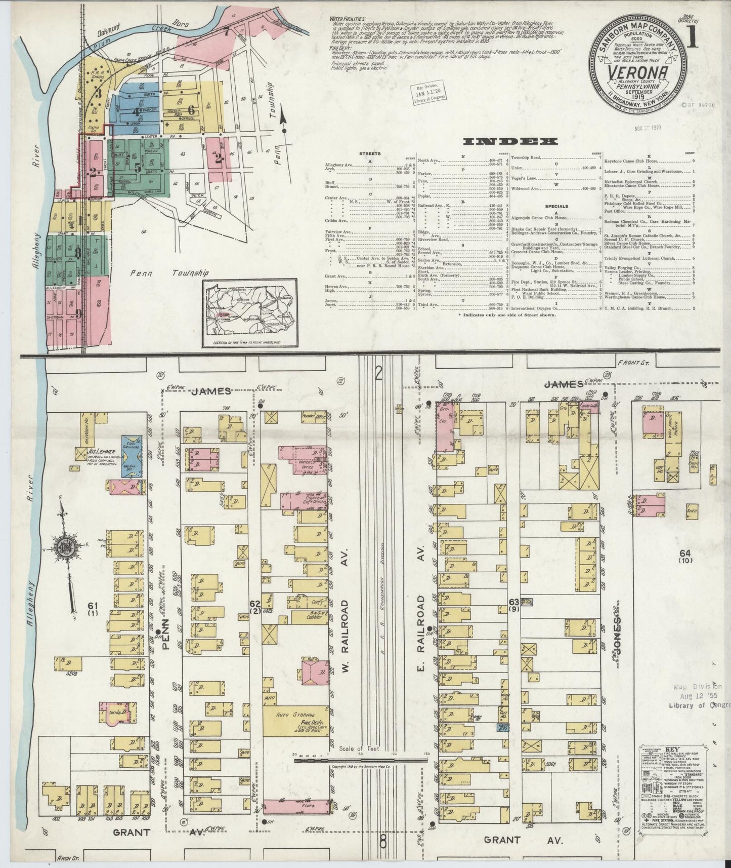 Sanborn Fire Insurance Map from Verona, Allegheny County, Pennsylvania (1919), Sheet #0001 - Complete Map Set gallery image, historic Sanborn map, vintage wall art, Pennsylvania Pennsylvania