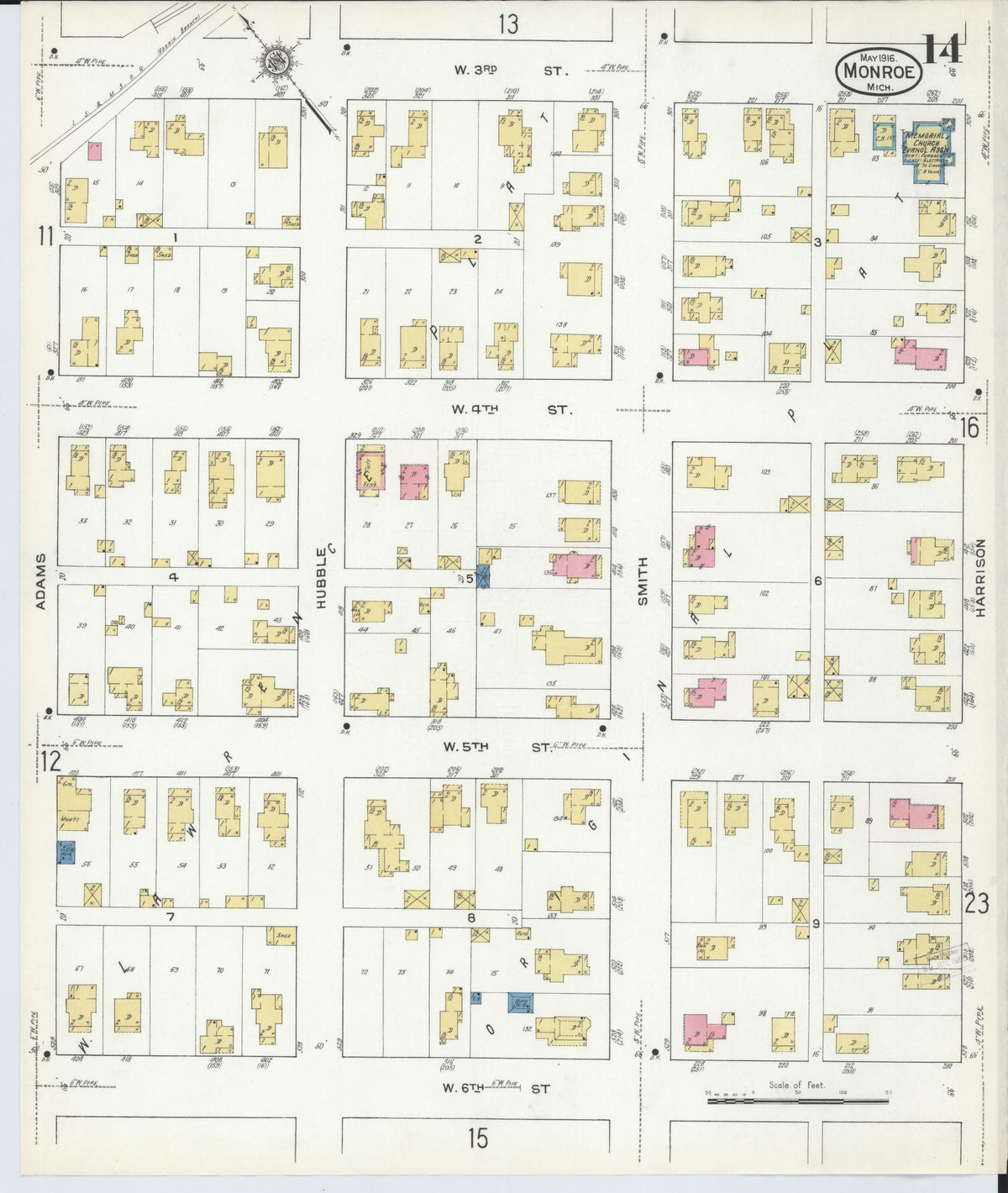 Sanborn Fire Insurance Map from Monroe, Monroe County, Michigan (1916), Sheet #0014 - Historic Sanborn Fire Insurance Map Print, vintage old map wall art, antique decor, genealogy gift, Michigan Michigan map