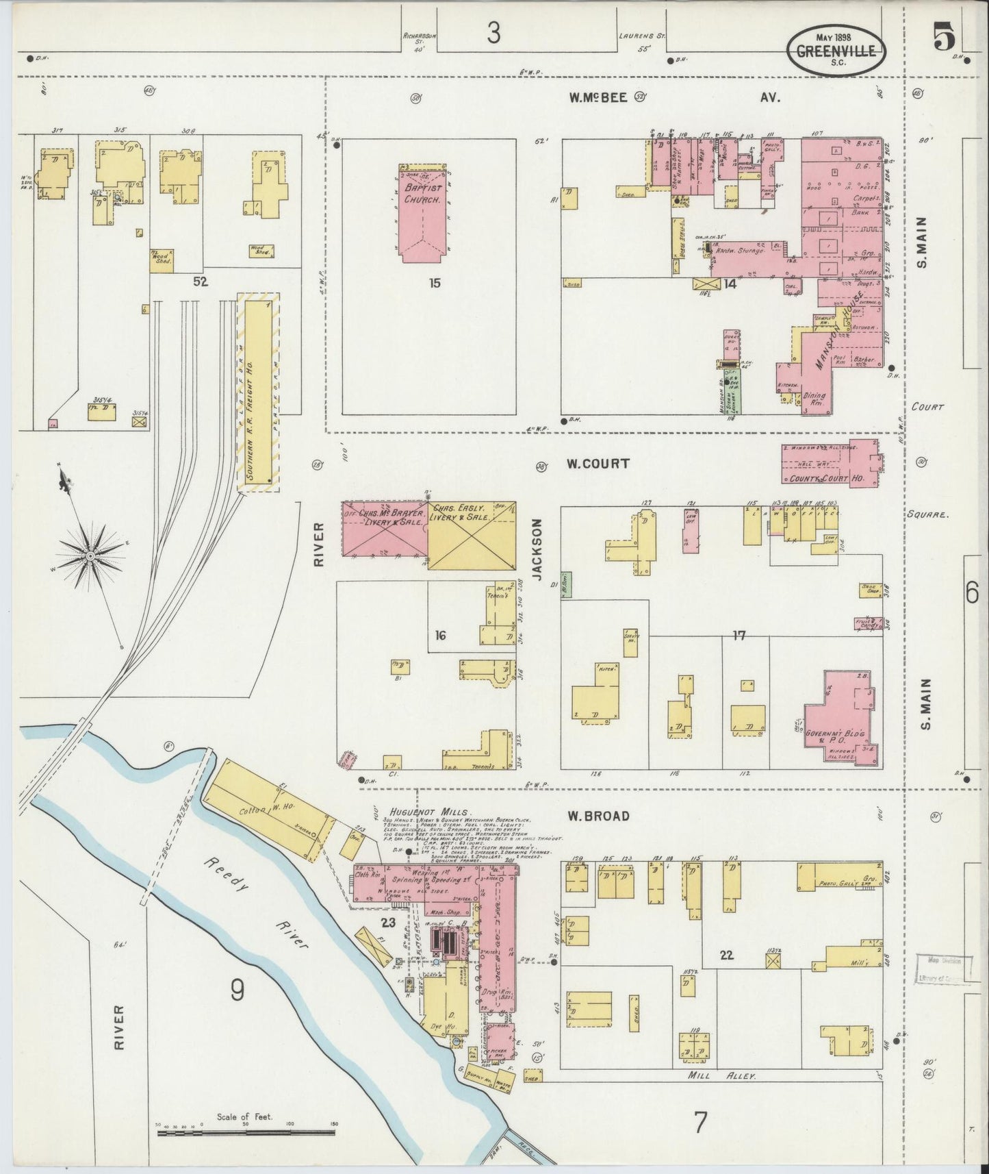 Sanborn Fire Insurance Map from Greenville, Greenville County, South Carolina (1898), Sheet #0005 - Historic Sanborn Fire Insurance Map Print, vintage old map wall art, antique decor, genealogy gift, South Carolina South Carolina map