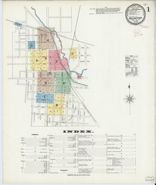 Sanborn Fire Insurance Map from Rochester, Fulton County, Indiana (1895), Sheet #0001 - Historic Sanborn Fire Insurance Map Print, vintage old map wall art, antique decor, genealogy gift, Indiana Indiana map