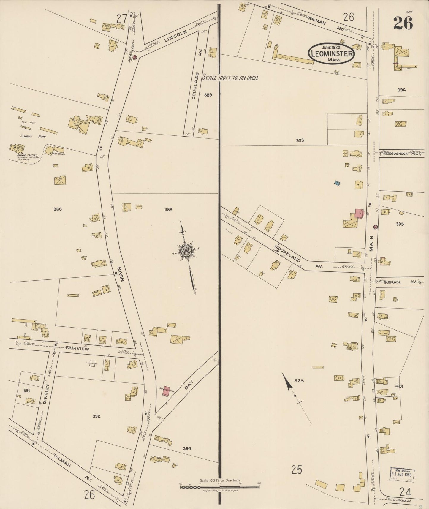 Sanborn Fire Insurance Map from Leominster, Worcester County, Massachusetts (1922), Sheet #0026 - Complete Map Set gallery image, historic Sanborn map, vintage wall art, Massachusetts Massachusetts