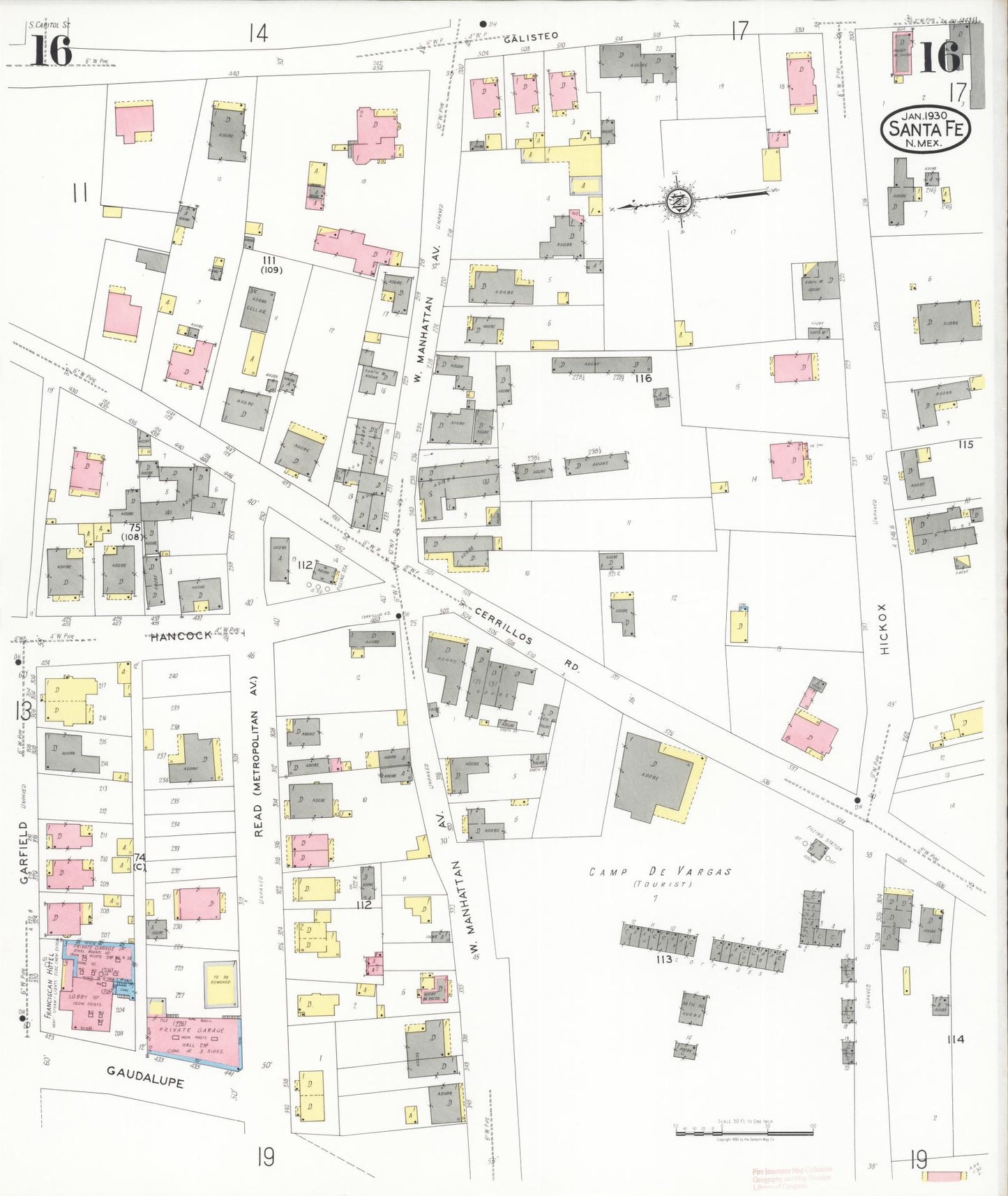 Sanborn Fire Insurance Map from Santa Fe, Santa Fe County, New Mexico (1930), Sheet #0016 - Historic Sanborn Fire Insurance Map Print, vintage old map wall art, antique decor, genealogy gift, New Mexico New Mexico map