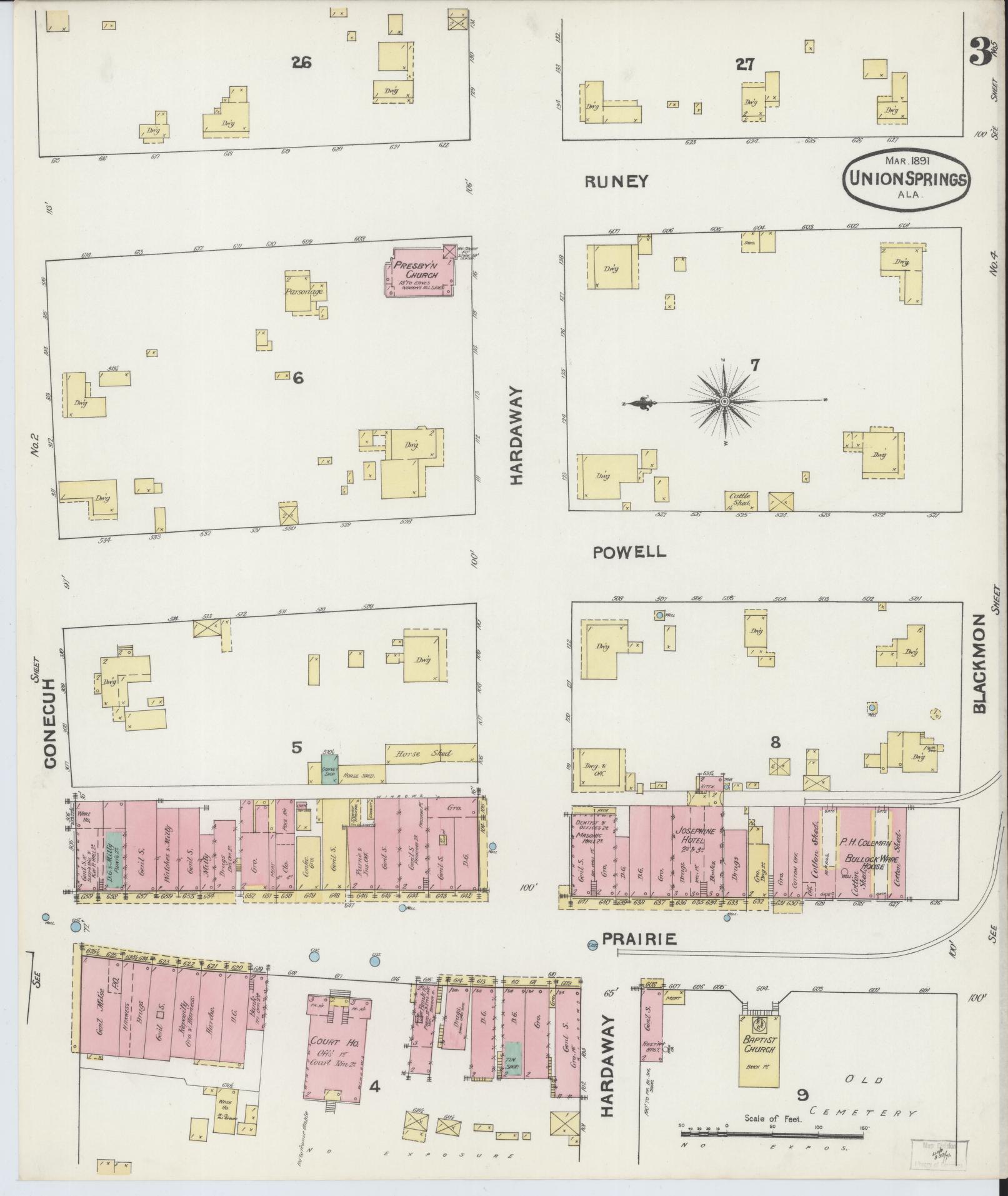 Sanborn Fire Insurance Map from Union Springs, Bullock County, Alabama (1891), Sheet #0003 - Complete Map Set gallery image, historic Sanborn map, vintage wall art, Alabama Alabama
