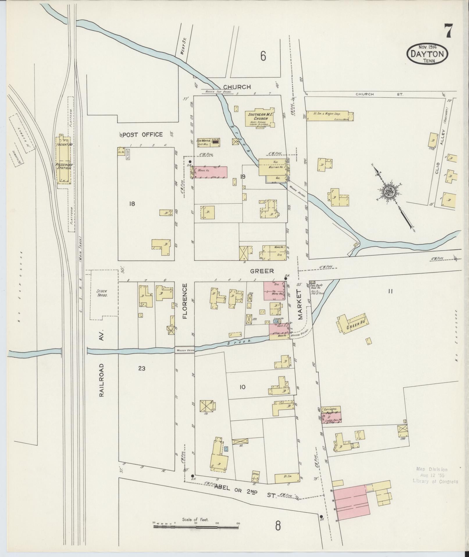 Sanborn Fire Insurance Map from Dayton, Rhea County, Tennessee (1914), Sheet #0007 - Complete Map Set gallery image, historic Sanborn map, vintage wall art, Tennessee Tennessee