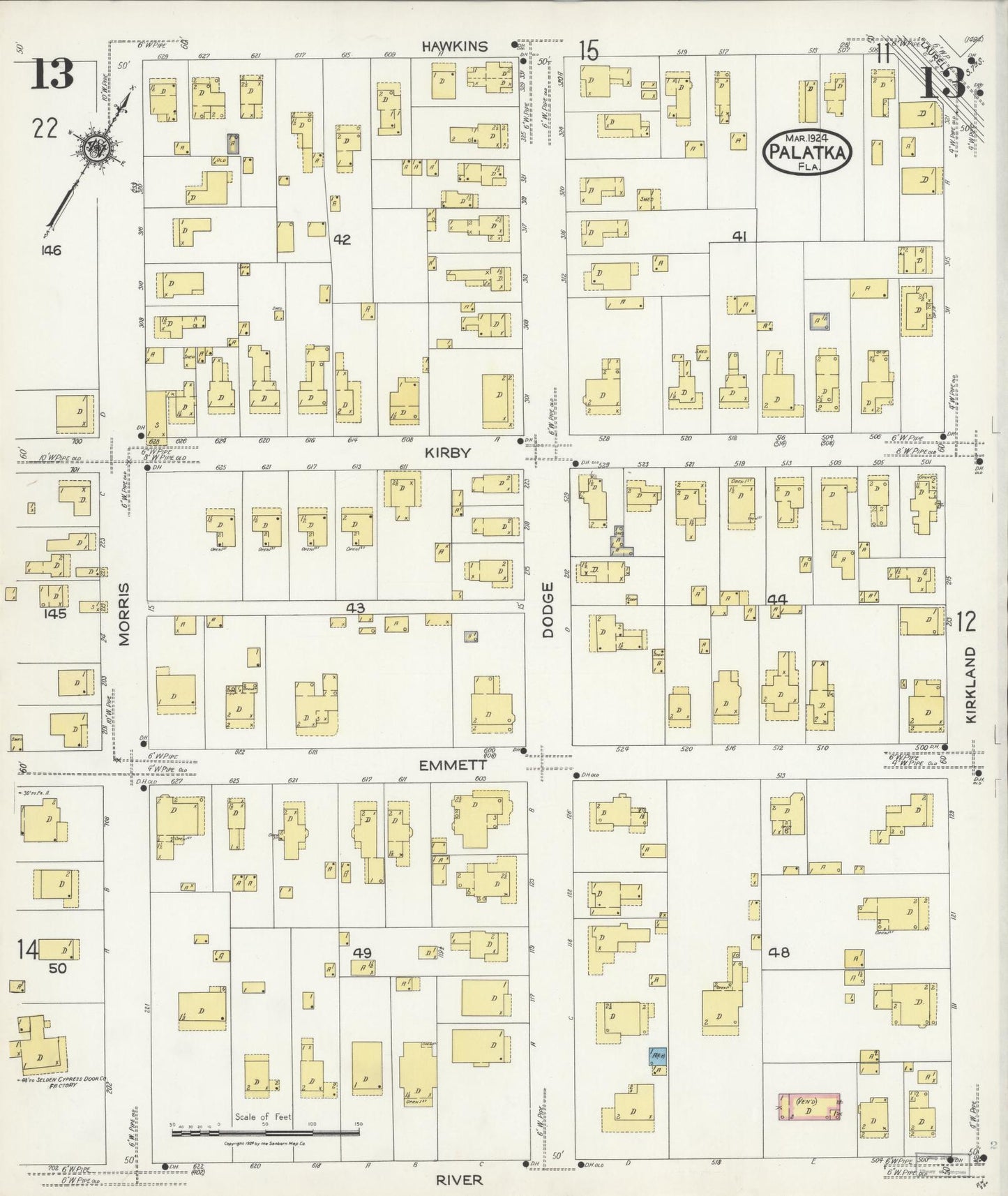 Sanborn Fire Insurance Map from Palatka, Putnam County, Florida (1924), Sheet #0013 - Historic Sanborn Fire Insurance Map Print, vintage old map wall art, antique decor, genealogy gift, Florida Florida map