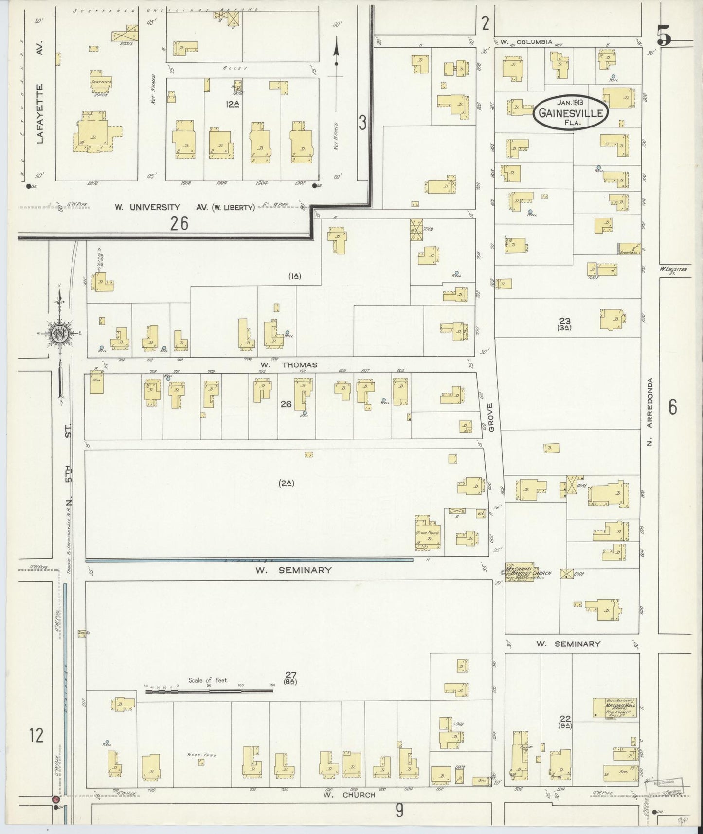 Sanborn Fire Insurance Map from Gainesville, Alachua County, Florida (1913), Sheet #0005 - Complete Map Set gallery image, historic Sanborn map, vintage wall art, Florida Florida