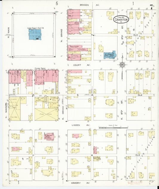 Sanborn Fire Insurance Map from Chariton, Lucas County, Iowa (1913), Sheet #0007 - Historic Sanborn Fire Insurance Map Print, vintage old map wall art