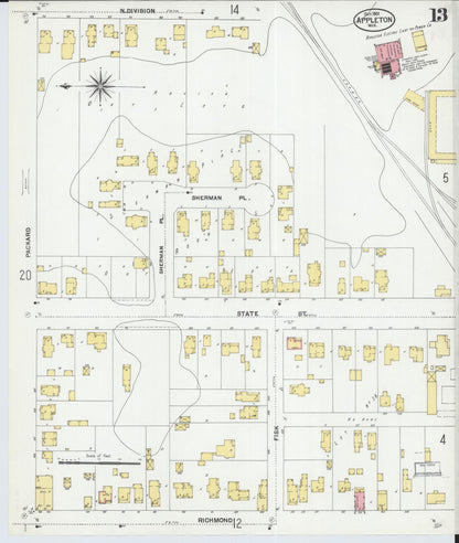 Sanborn Fire Insurance Map from Appleton, Outagamie County, Wisconsin (1901), Sheet #0013 - Historic Sanborn Fire Insurance Map Print, vintage old map wall art, antique decor, genealogy gift, Wisconsin Wisconsin map