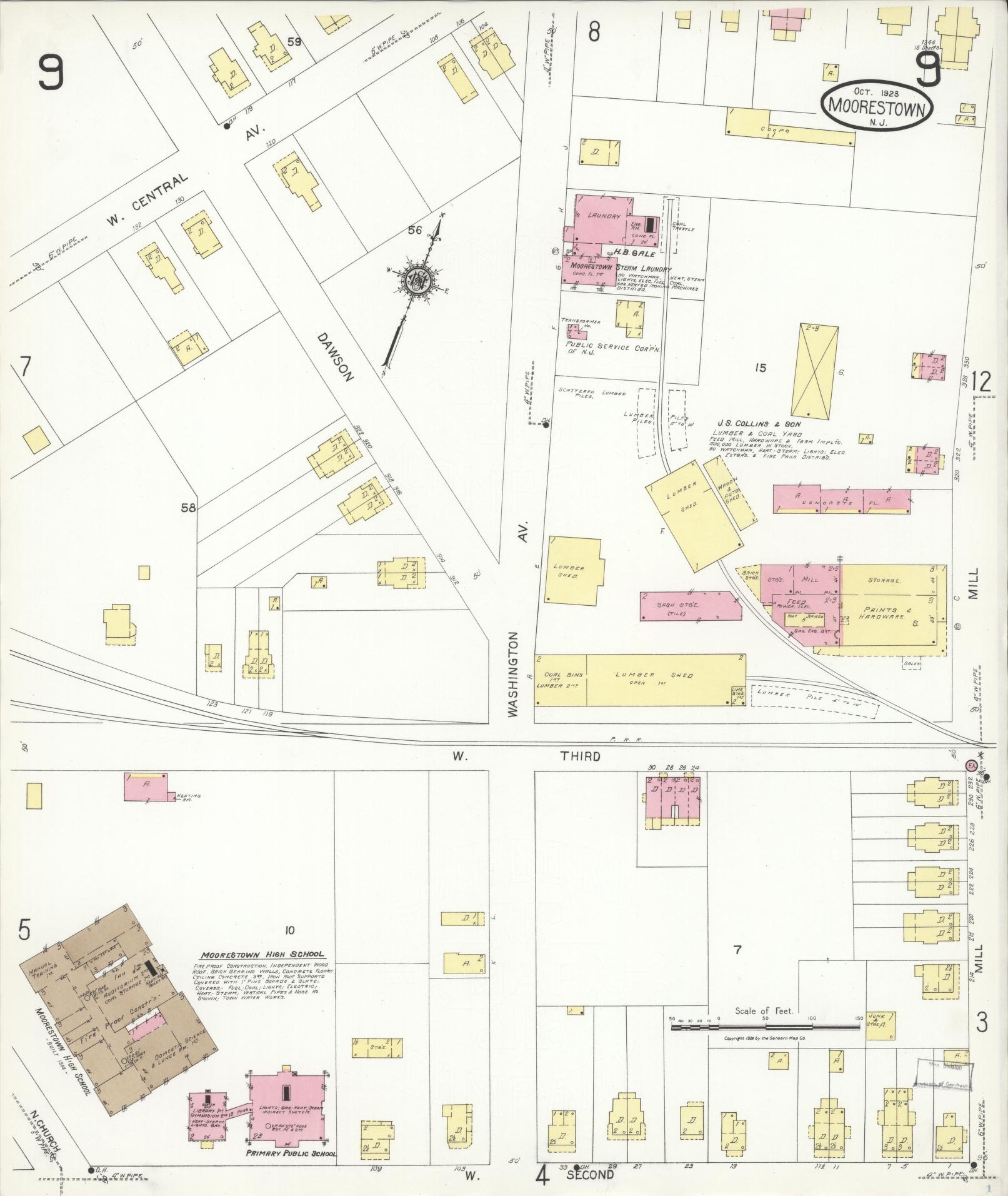 Sanborn Fire Insurance Map from Moorestown, Burlington County, New Jersey (1923), Sheet #0009 - Historic Sanborn Fire Insurance Map Print, vintage old map wall art, antique decor, genealogy gift, New Jersey New Jersey map