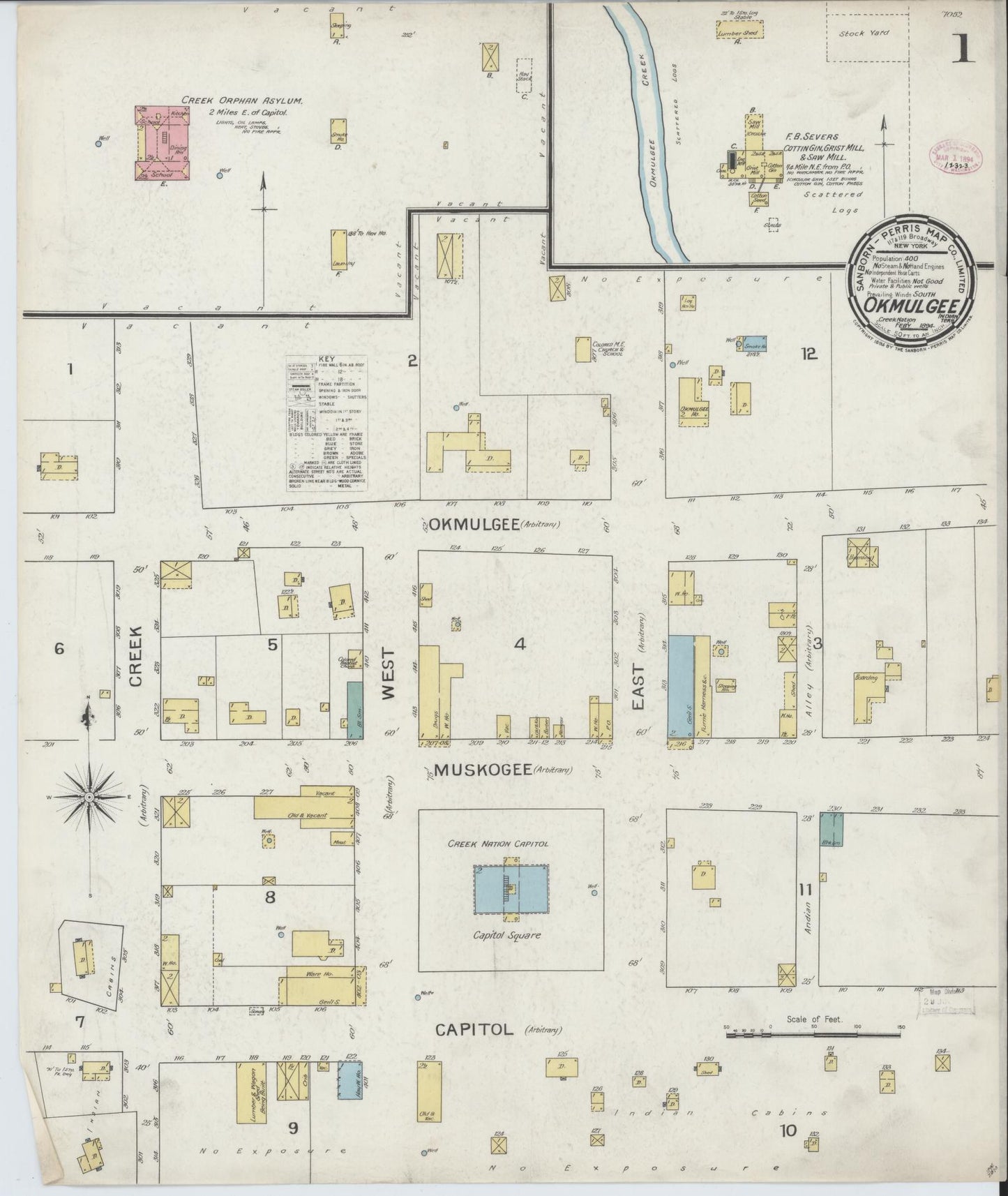 Sanborn Fire Insurance Map from Okmulgee, Okmulgee County, Oklahoma (1894), Sheet #0001 - Historic Sanborn Fire Insurance Map Print, vintage old map wall art, antique decor, genealogy gift, Oklahoma Oklahoma map