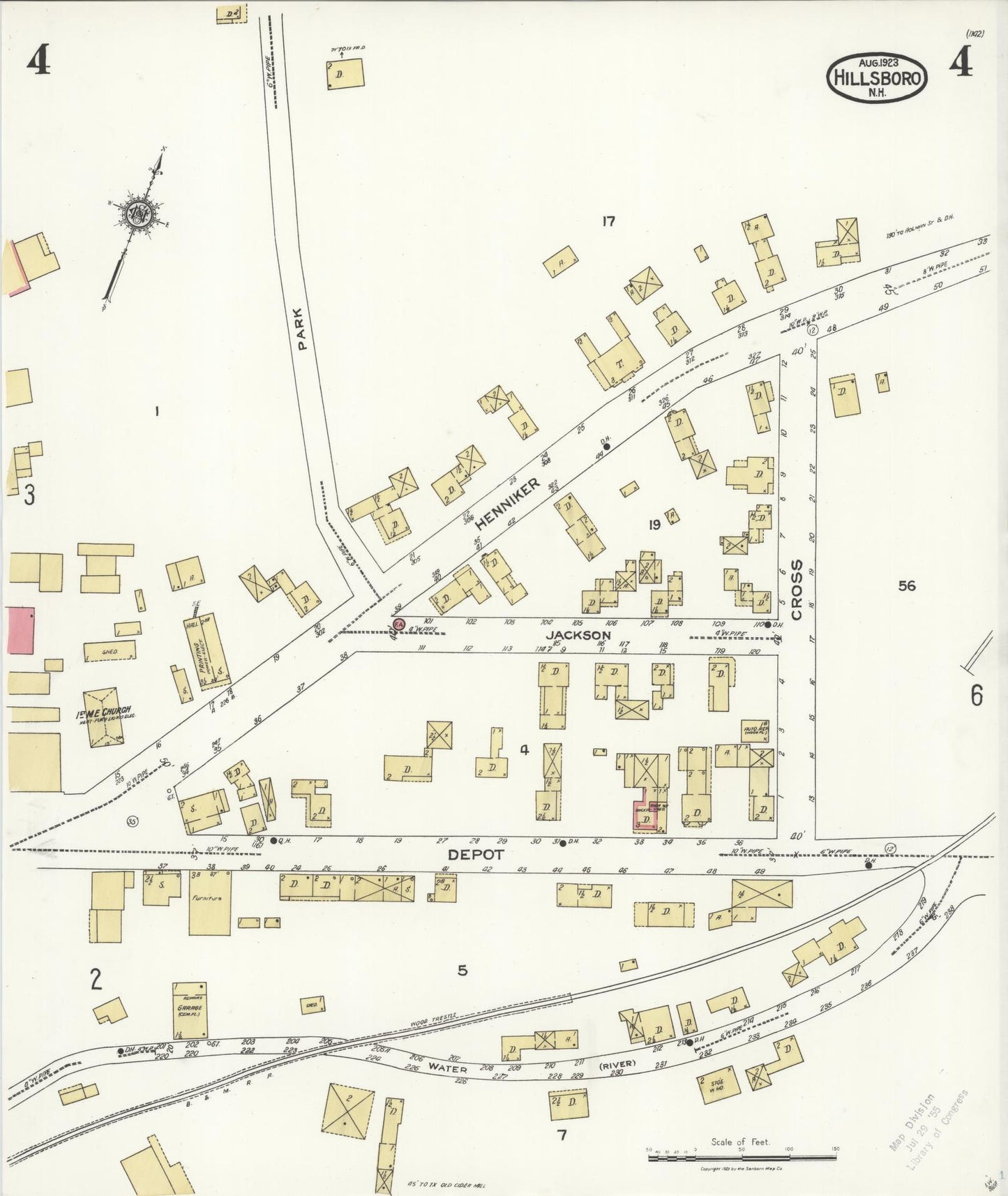 Sanborn Fire Insurance Map from Hillsboro, Hillsborough County, New Hampshire (1923), Sheet #0004 - Complete Map Set gallery image, historic Sanborn map, vintage wall art, New Hampshire New Hampshire