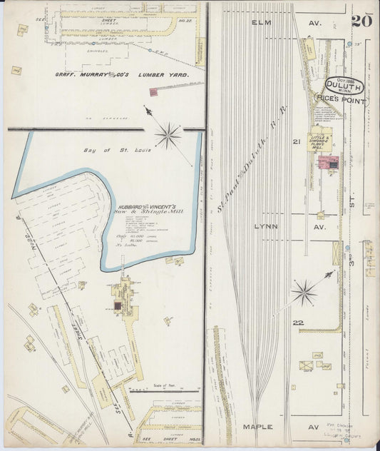 Sanborn Fire Insurance Map from Duluth, Saint Louis County, Minnesota (1885), Sheet #0020 - Historic Sanborn Fire Insurance Map Print, vintage old map wall art, antique decor, genealogy gift, Minnesota Minnesota map