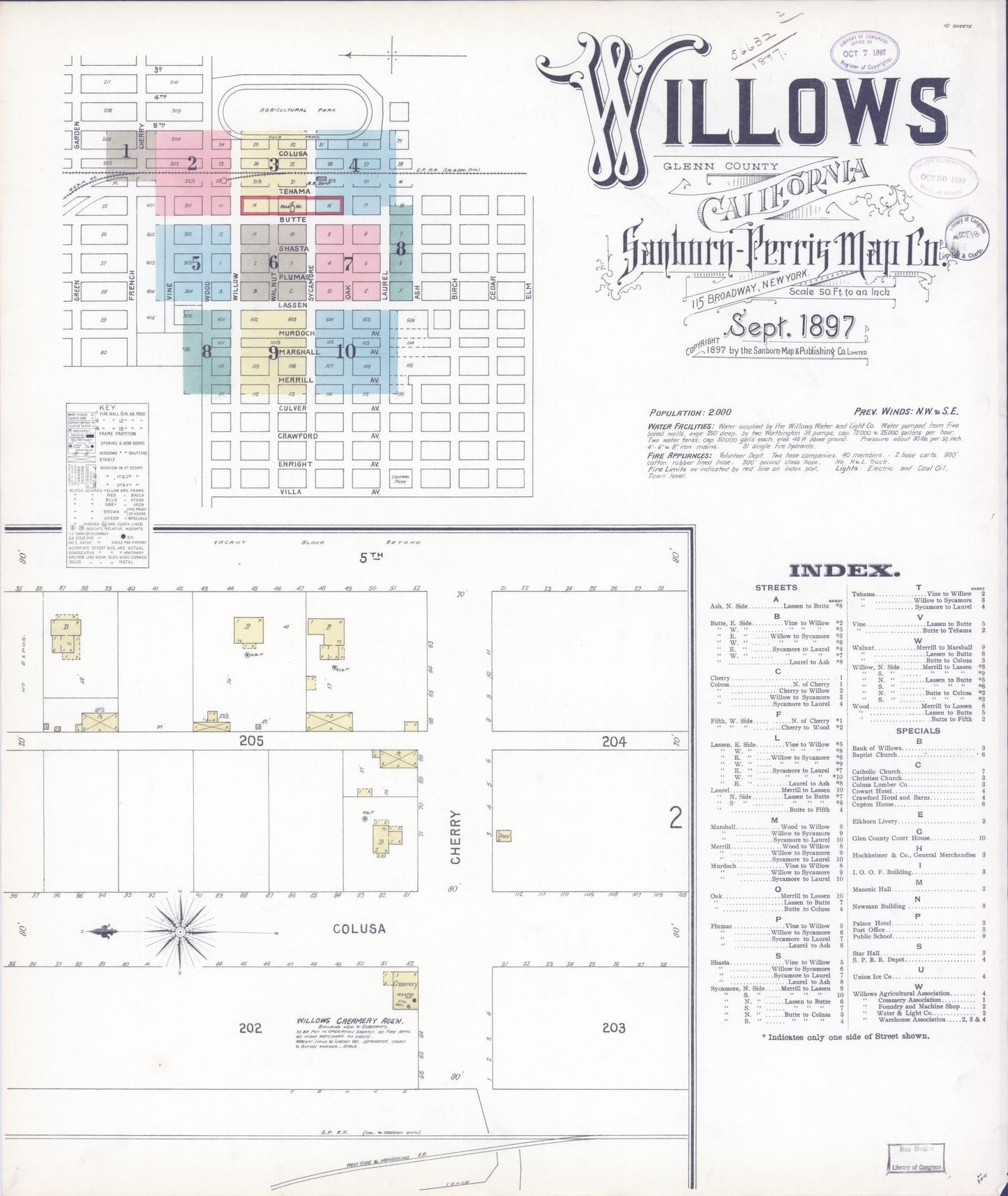 Sanborn Fire Insurance Map from Willows, Glenn County, California (1897), Sheet #0001 - Complete Map Set gallery image, historic Sanborn map, vintage wall art, California California