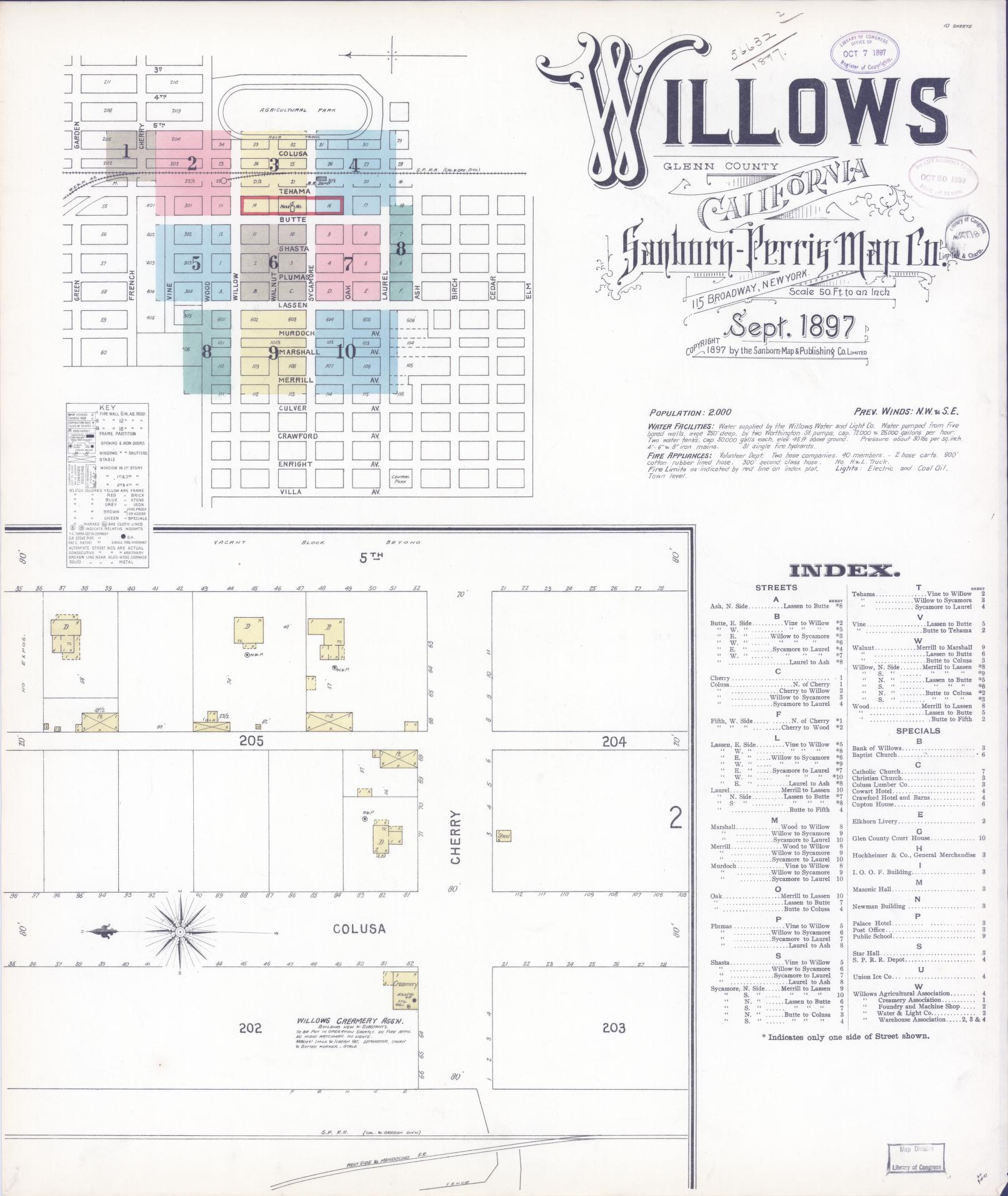 Sanborn Fire Insurance Map from Willows, Glenn County, California (1897), Sheet #0001 - Complete Map Set gallery image, historic Sanborn map, vintage wall art, California California