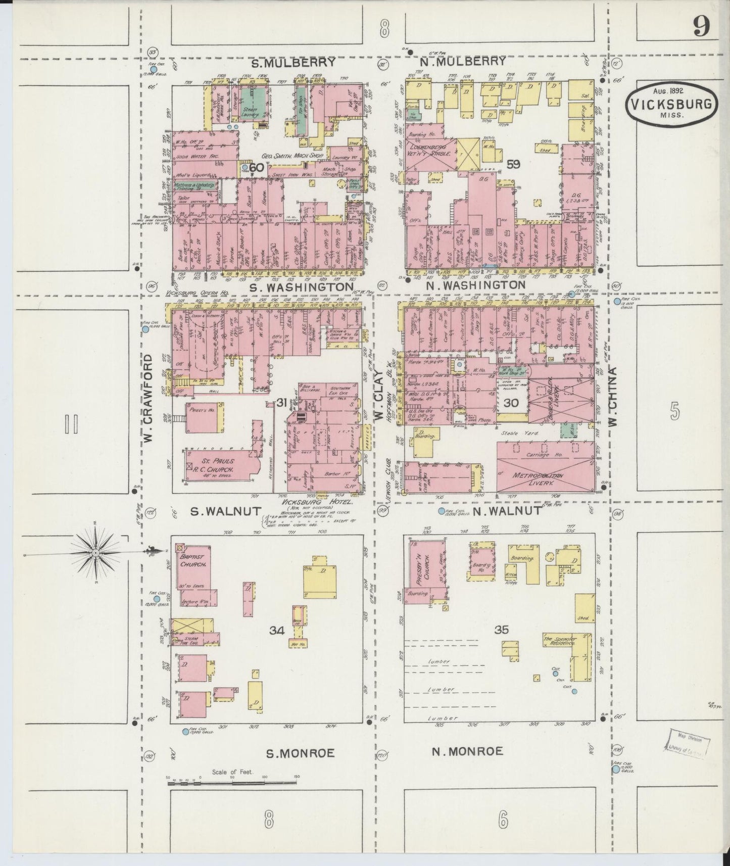 Sanborn Fire Insurance Map from Vicksburg, Warren County, Mississippi (1892), Sheet #0009 - Complete Map Set gallery image, historic Sanborn map, vintage wall art, Mississippi Mississippi