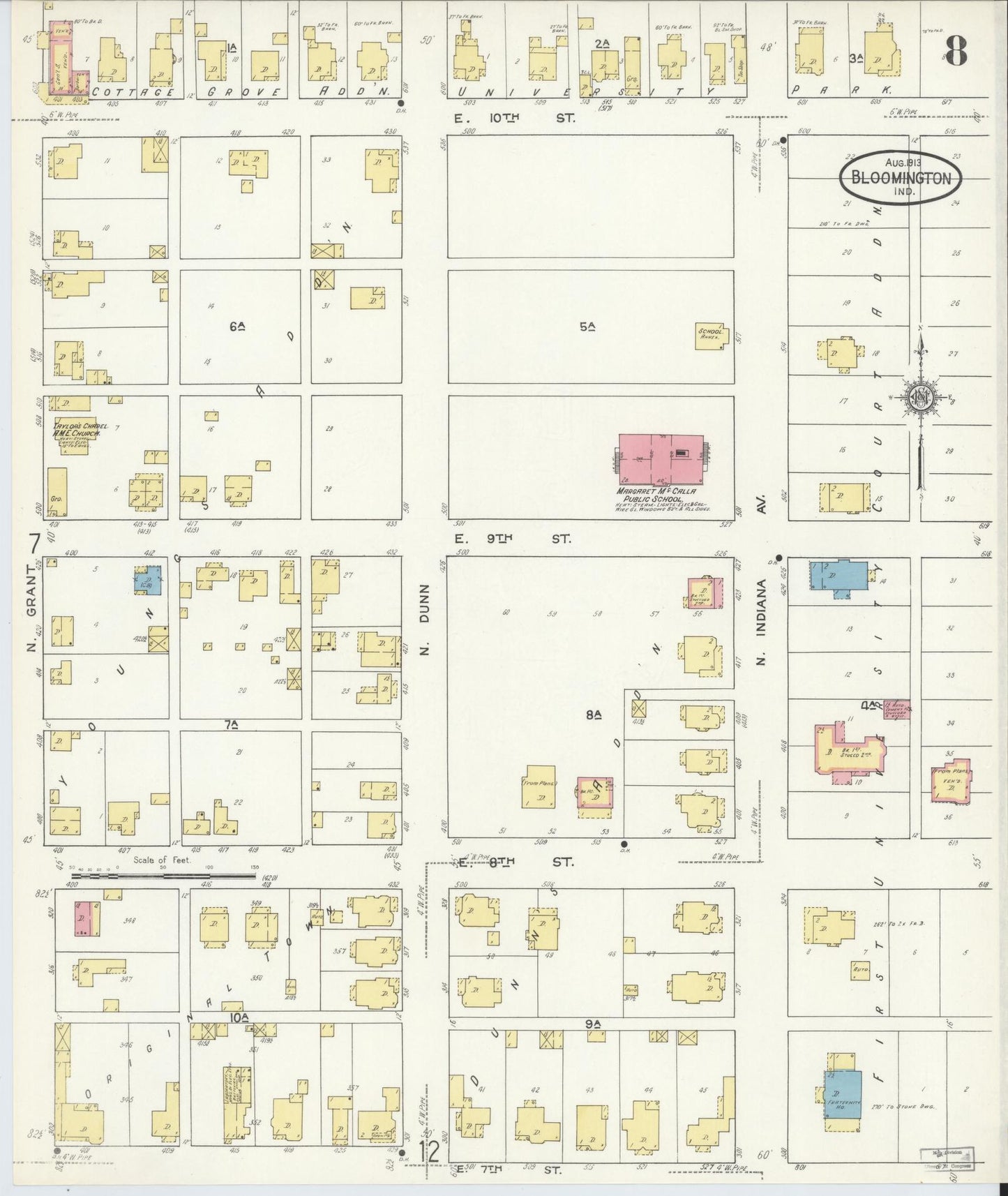 Sanborn Fire Insurance Map from Bloomington, Monroe County, Indiana (1913), Sheet #0008 - Complete Map Set gallery image, historic Sanborn map, vintage wall art, Indiana Indiana