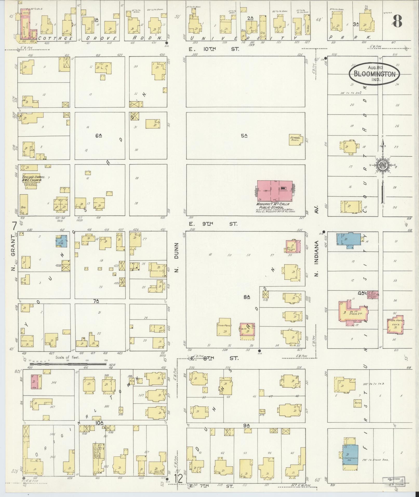 Sanborn Fire Insurance Map from Bloomington, Monroe County, Indiana (1913), Sheet #0008 - Complete Map Set gallery image, historic Sanborn map, vintage wall art, Indiana Indiana