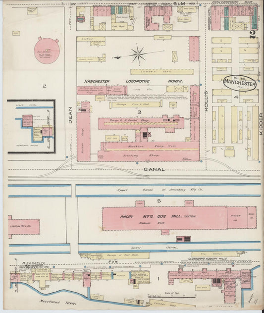Sanborn Fire Insurance Map from Manchester, Hillsborough County, New Hampshire (1885), Sheet #0002 - Historic Sanborn Fire Insurance Map Print, vintage old map wall art, antique decor, genealogy gift, New Hampshire New Hampshire map