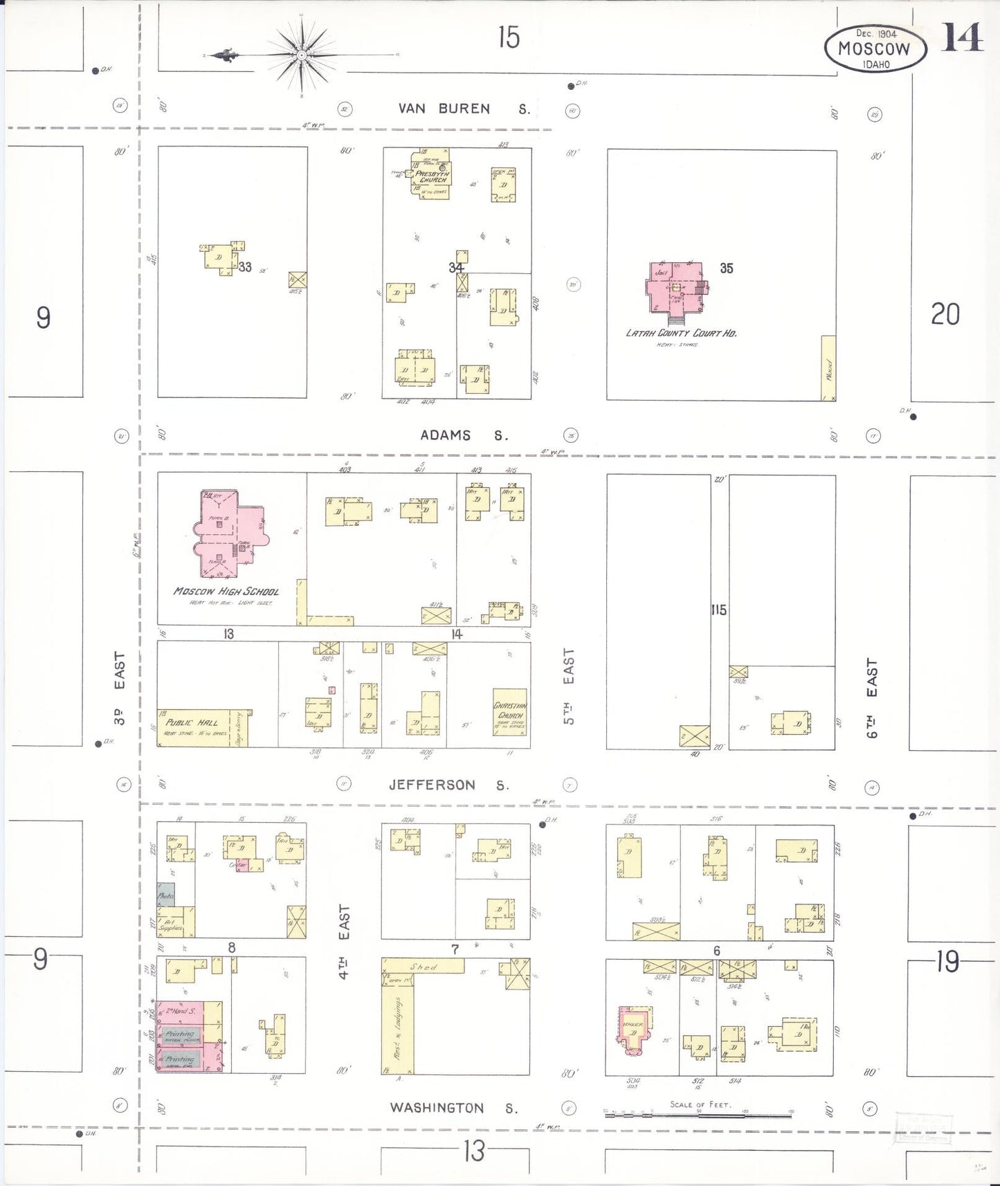 Sanborn Fire Insurance Map from Moscow, Latah County, Idaho (1904), Sheet #0014 - Historic Sanborn Fire Insurance Map Print, vintage old map wall art, antique decor, genealogy gift, Idaho Idaho map