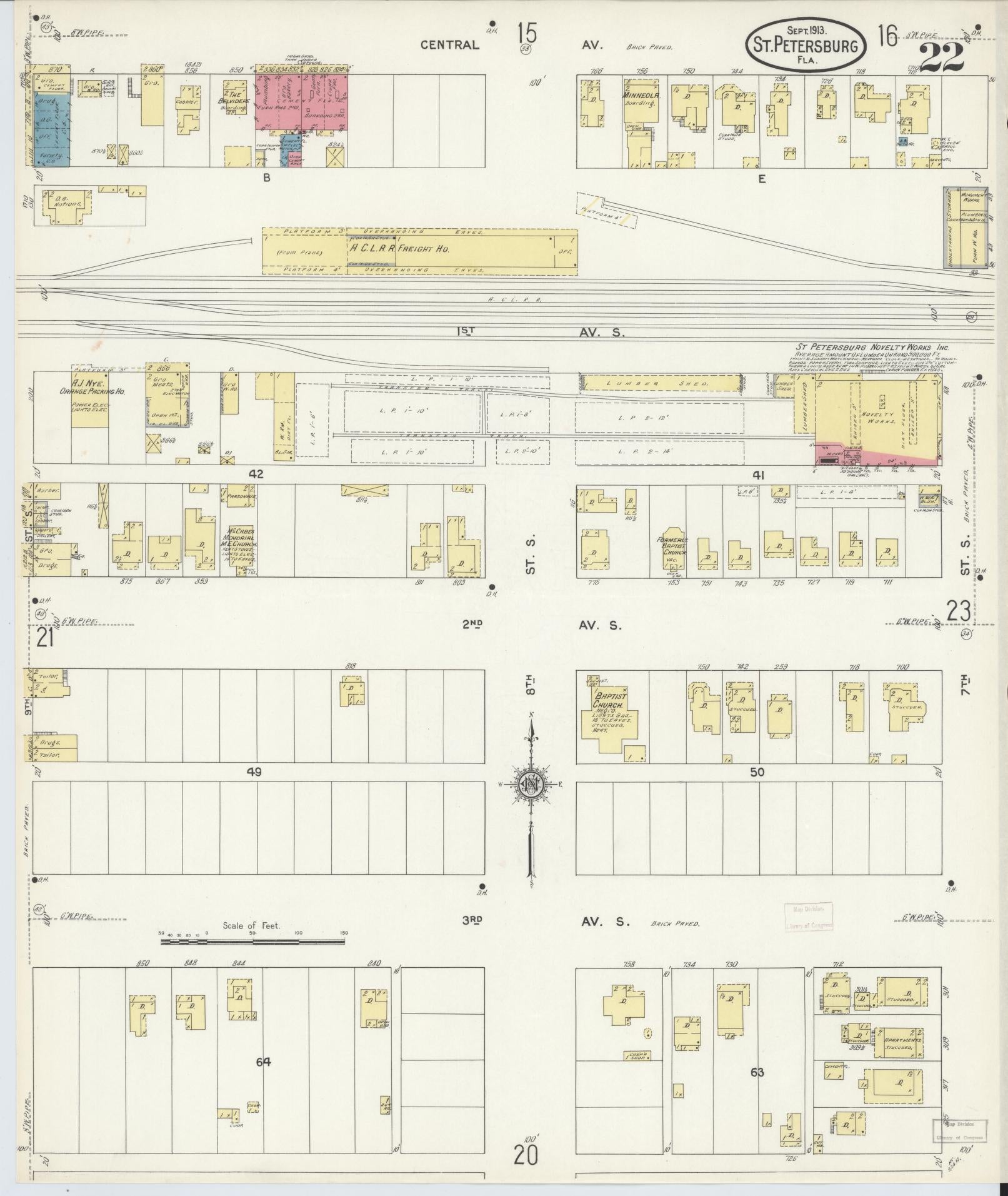 Sanborn Fire Insurance Map from Saint Petersburg, Pinellas County, Florida (1913), Sheet #0022 - Historic Sanborn Fire Insurance Map Print, vintage old map wall art, antique decor, genealogy gift, Florida Florida map