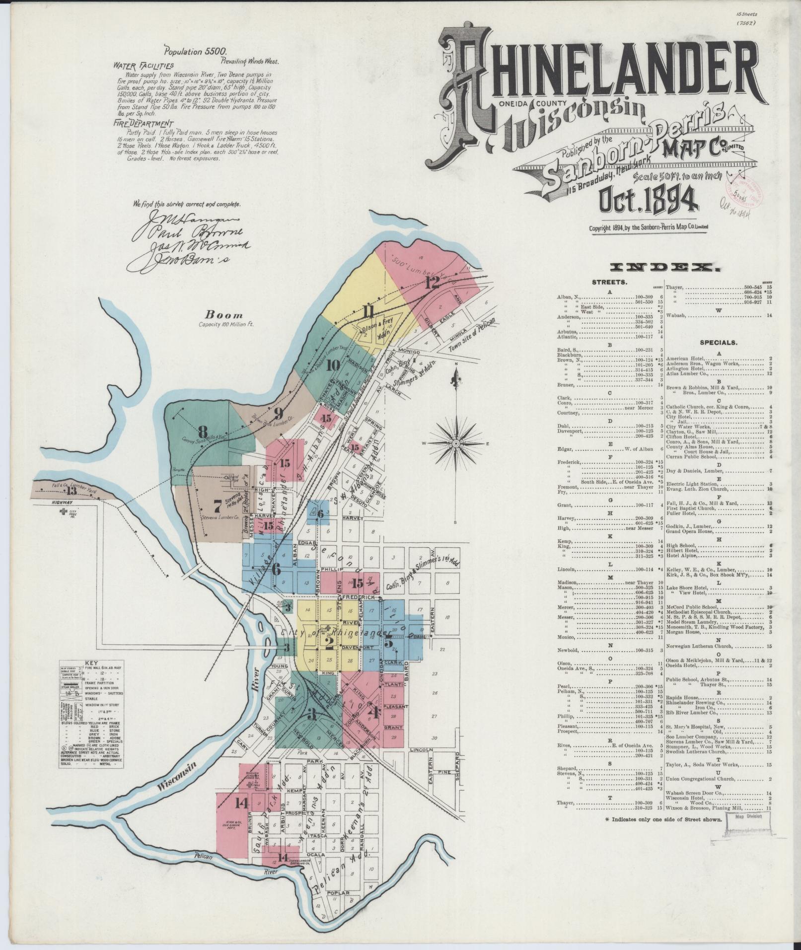Sanborn Fire Insurance Map from Rhinelander, Oneida County, Wisconsin (1894), Sheet #0001 - Historic Sanborn Fire Insurance Map Print, vintage old map wall art, antique decor, genealogy gift, Wisconsin Wisconsin map
