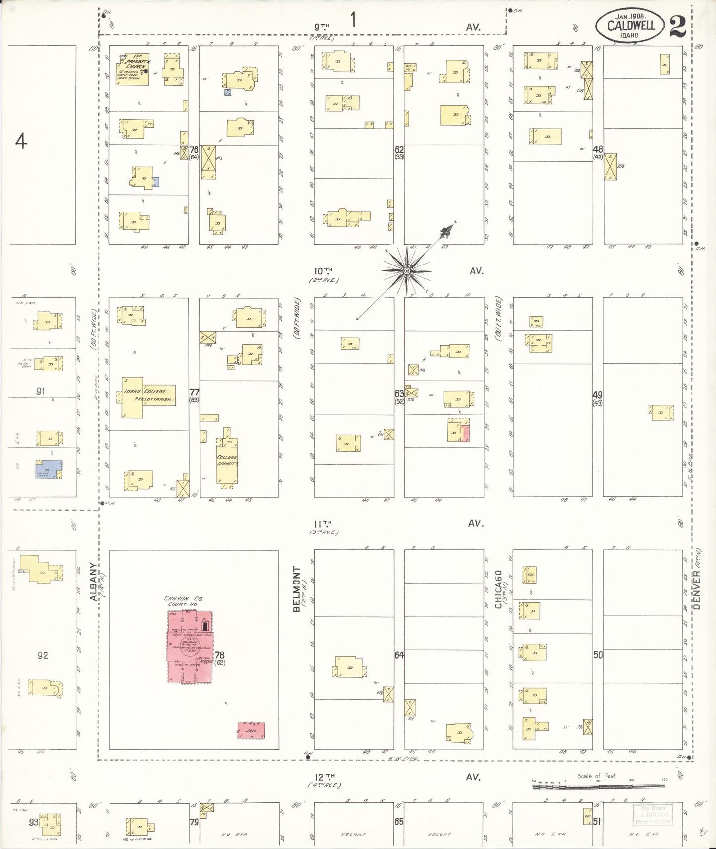 Sanborn Fire Insurance Map from Caldwell, Canyon County, Idaho (1908), Sheet #0002 - Complete Map Set gallery image, historic Sanborn map, vintage wall art, Idaho Idaho