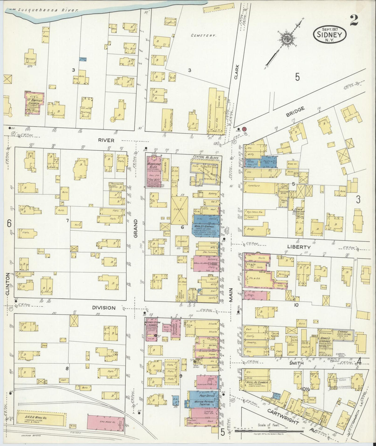 Sanborn Fire Insurance Map from Sidney, Delaware County, New York (1917), Sheet #0002 - Historic Sanborn Fire Insurance Map Print, vintage old map wall art, antique decor, genealogy gift, New York New York map