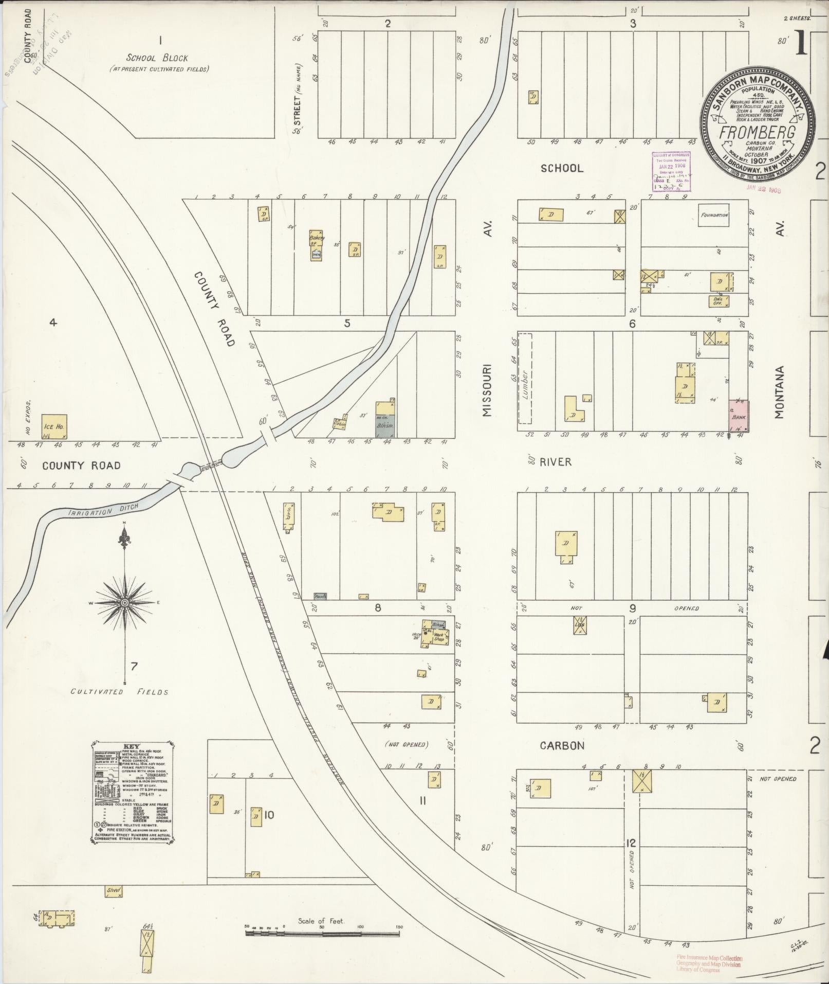 Sanborn Fire Insurance Map from Fromberg, Carbon County, Montana (1907), Sheet #0001 - Historic Sanborn Fire Insurance Map Print, vintage old map wall art, antique decor, genealogy gift, Montana Montana map