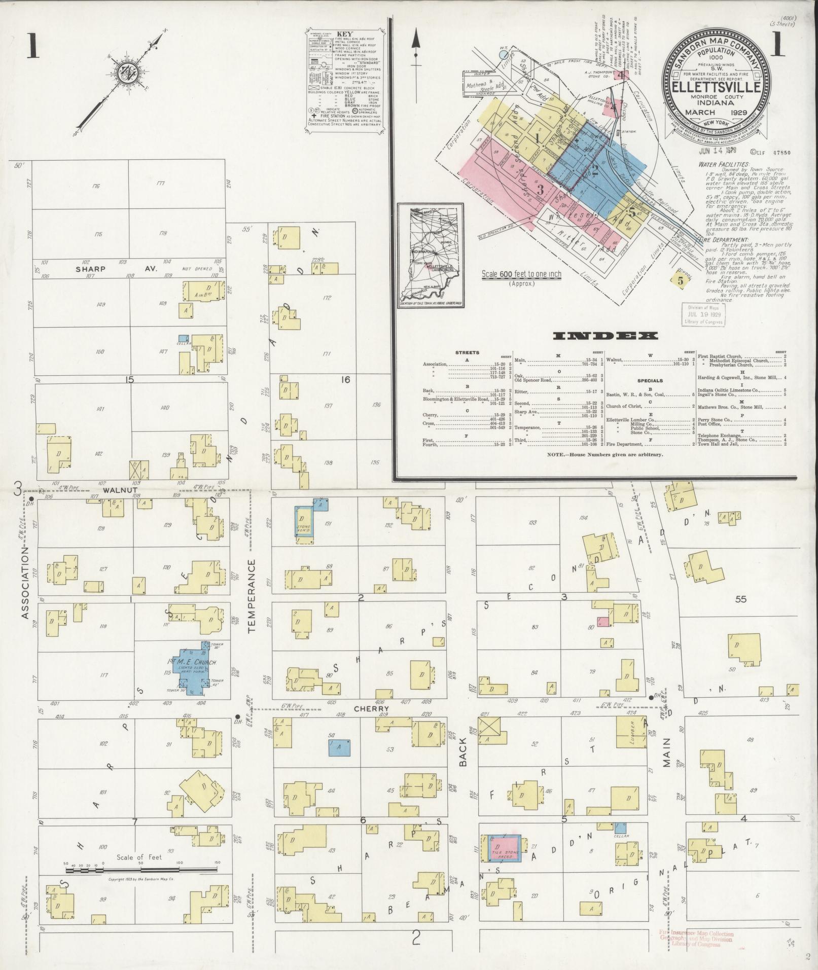 Sanborn Fire Insurance Map from Ellettsville, Monroe County, Indiana (1929), Sheet #0001 - Complete Map Set gallery image, historic Sanborn map, vintage wall art, Indiana Indiana
