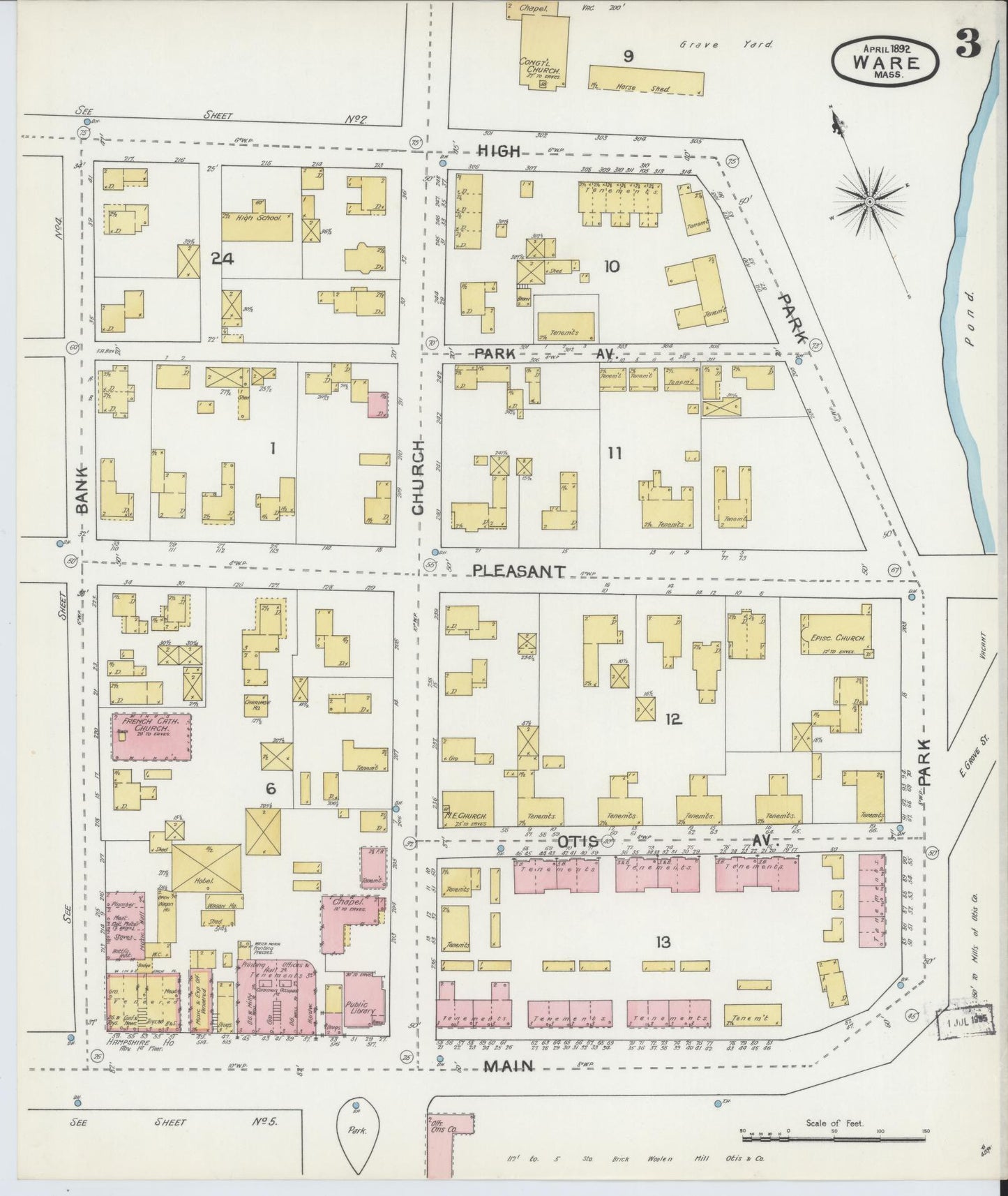 Sanborn Fire Insurance Map from Ware, Hampshire County, Massachusetts (1892), Sheet #0003 - Historic Sanborn Fire Insurance Map Print, vintage old map wall art, antique decor, genealogy gift, Massachusetts Massachusetts map