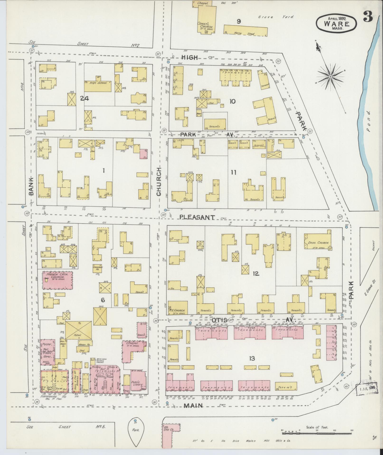 Sanborn Fire Insurance Map from Ware, Hampshire County, Massachusetts (1892), Sheet #0003 - Historic Sanborn Fire Insurance Map Print, vintage old map wall art, antique decor, genealogy gift, Massachusetts Massachusetts map