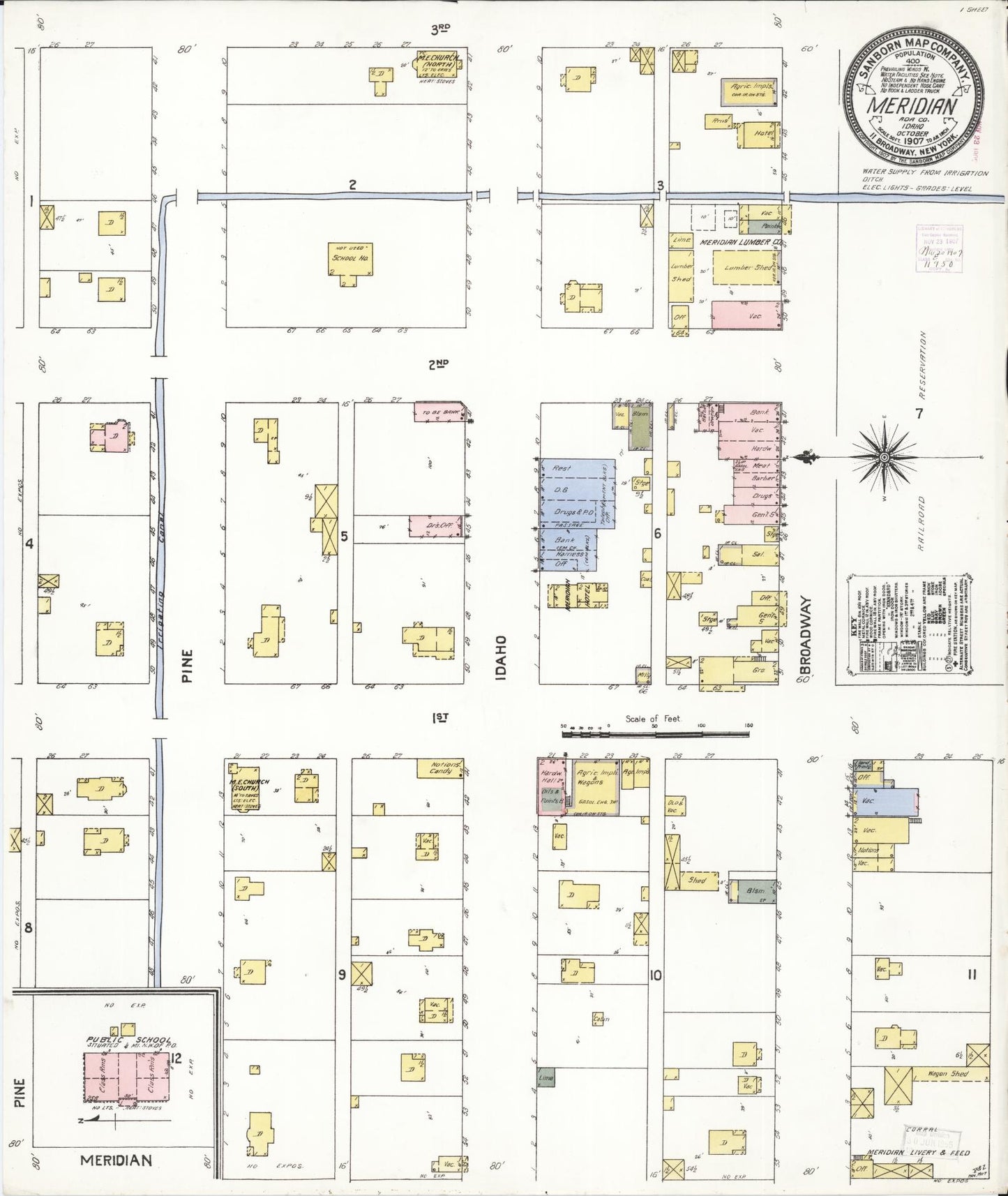 Sanborn Fire Insurance Map from Meridian, Ada County, Idaho (1907), Sheet #0001 - Historic Sanborn Fire Insurance Map Print, vintage old map wall art, antique decor, genealogy gift, Idaho Idaho map