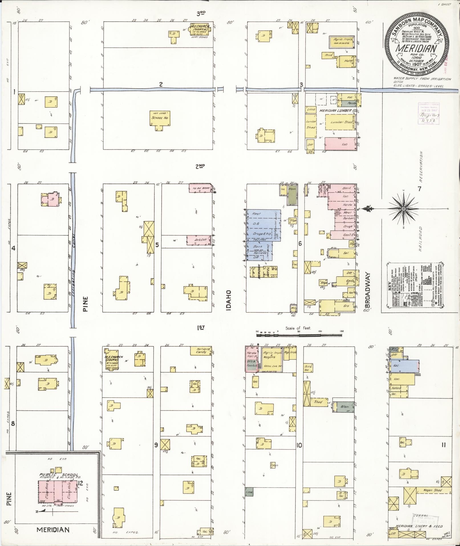 Sanborn Fire Insurance Map from Meridian, Ada County, Idaho (1907), Sheet #0001 - Historic Sanborn Fire Insurance Map Print, vintage old map wall art, antique decor, genealogy gift, Idaho Idaho map