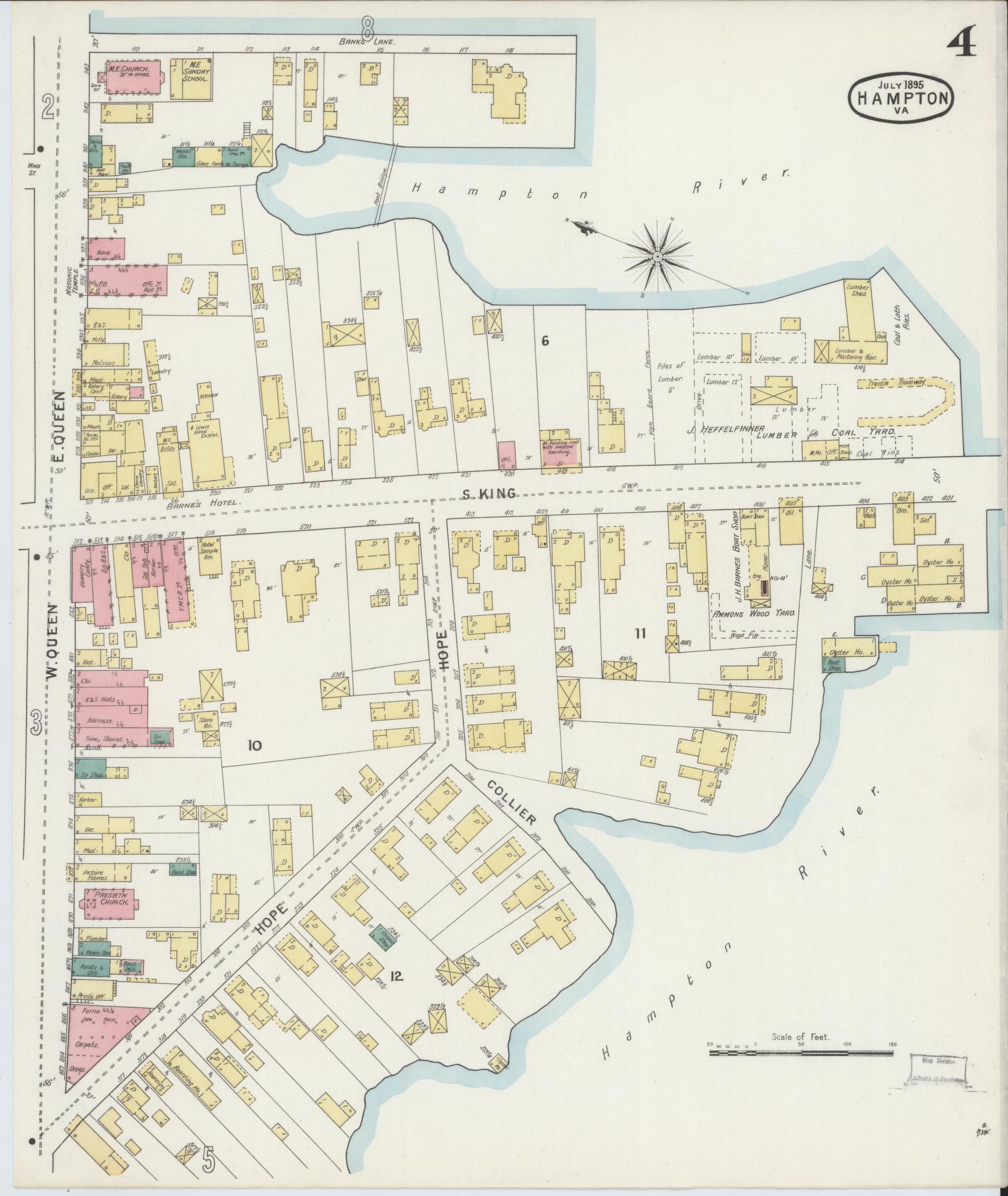 Sanborn Fire Insurance Map from Hampton, Independent Cities, Virginia (1895), Sheet #0004 - Historic Sanborn Fire Insurance Map Print, vintage old map wall art, antique decor, genealogy gift, Virginia Virginia map