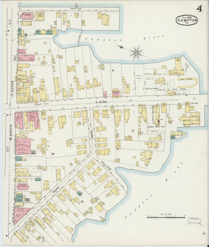Sanborn Fire Insurance Map from Hampton, Independent Cities, Virginia (1895), Sheet #0004 - Historic Sanborn Fire Insurance Map Print, vintage old map wall art, antique decor, genealogy gift, Virginia Virginia map