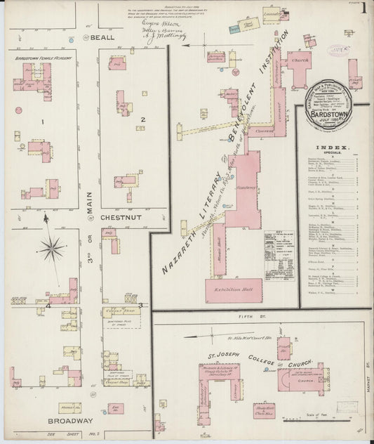 Sanborn Fire Insurance Map from Bardstown, Nelson County, Kentucky (1886), Sheet #0001 - Complete Map Set gallery image, historic Sanborn map, vintage wall art, Kentucky Kentucky