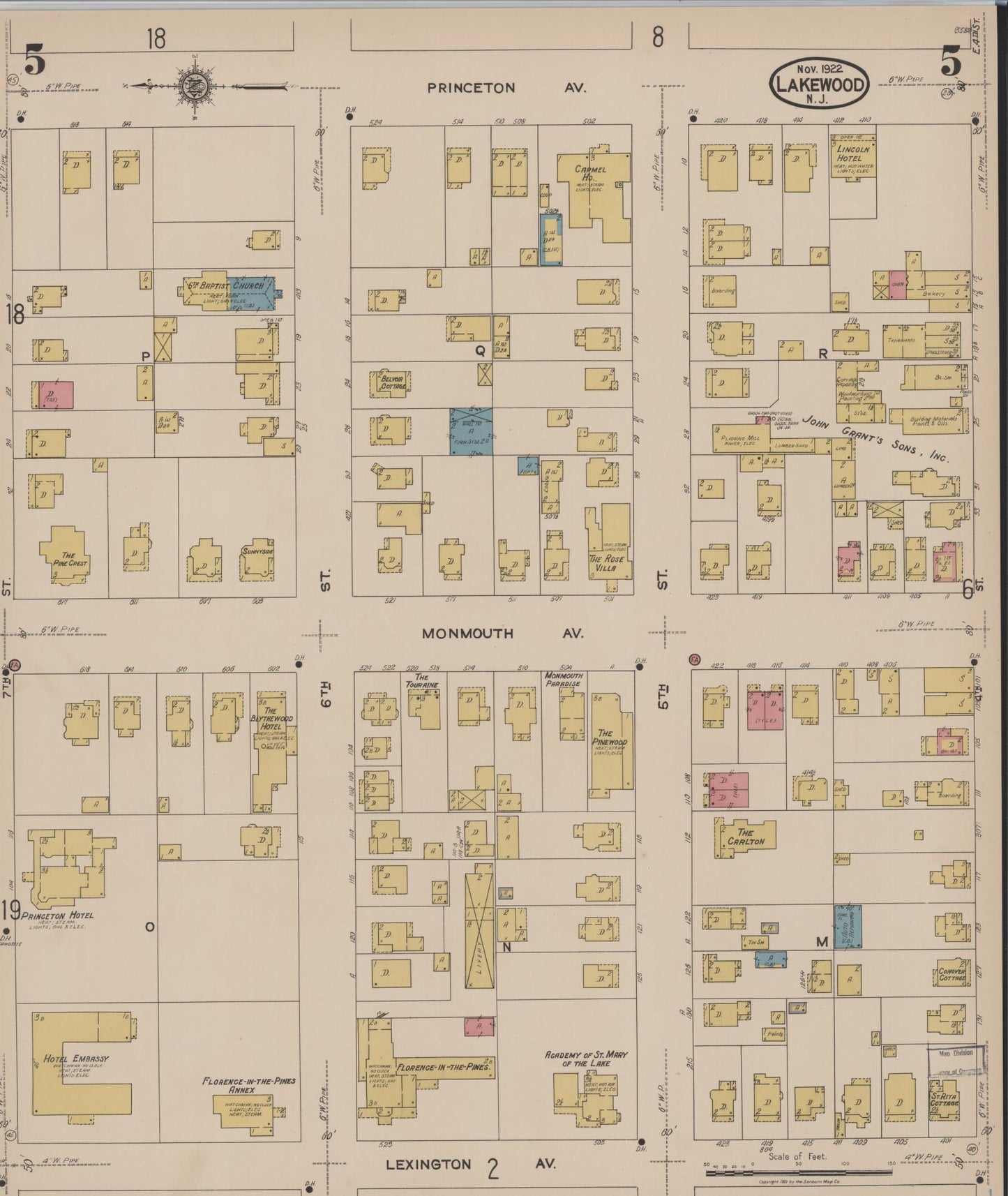 Sanborn Fire Insurance Map from Lakewood, Ocean County, New Jersey (1922), Sheet #0005 - Historic Sanborn Fire Insurance Map Print, vintage old map wall art, antique decor, genealogy gift, New Jersey New Jersey map