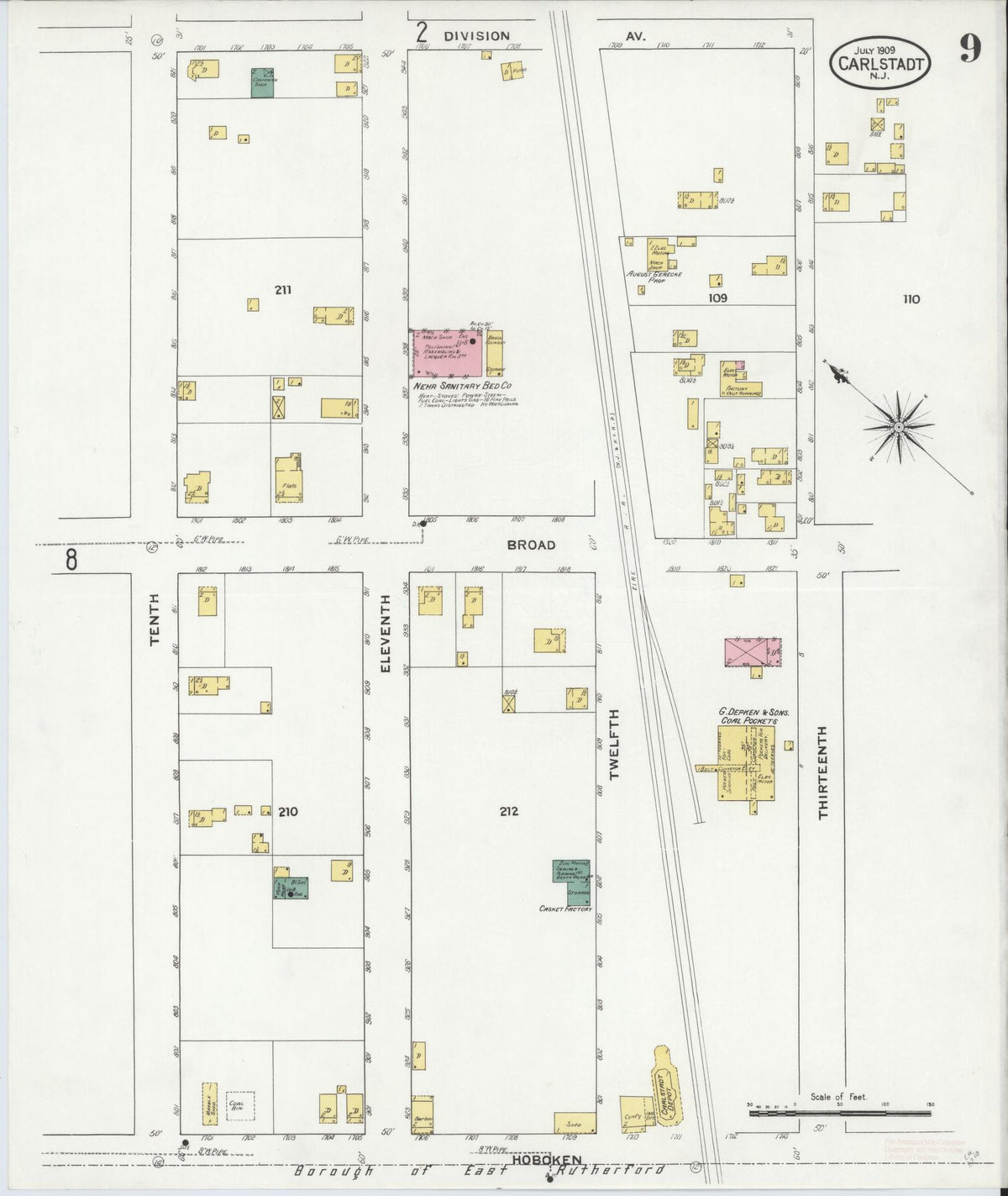 Sanborn Fire Insurance Map from Carlstadt, Bergen County, New Jersey (1909), Sheet #0009 - Complete Map Set gallery image, historic Sanborn map, vintage wall art, New Jersey New Jersey
