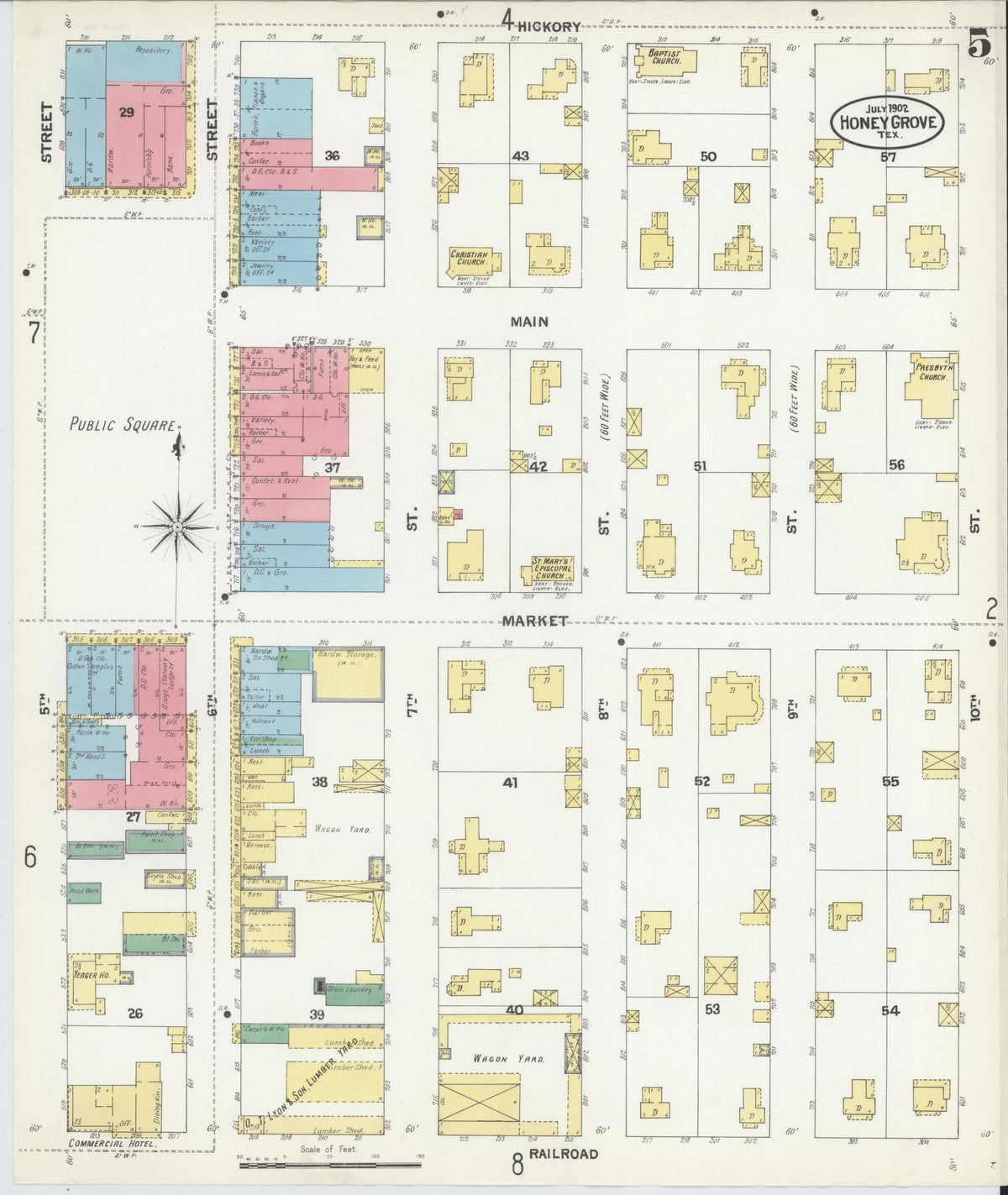 Sanborn Fire Insurance Map from Honey Grove, Fannin County, Texas (1902), Sheet #0005 - Complete Map Set gallery image, historic Sanborn map, vintage wall art, Texas Texas