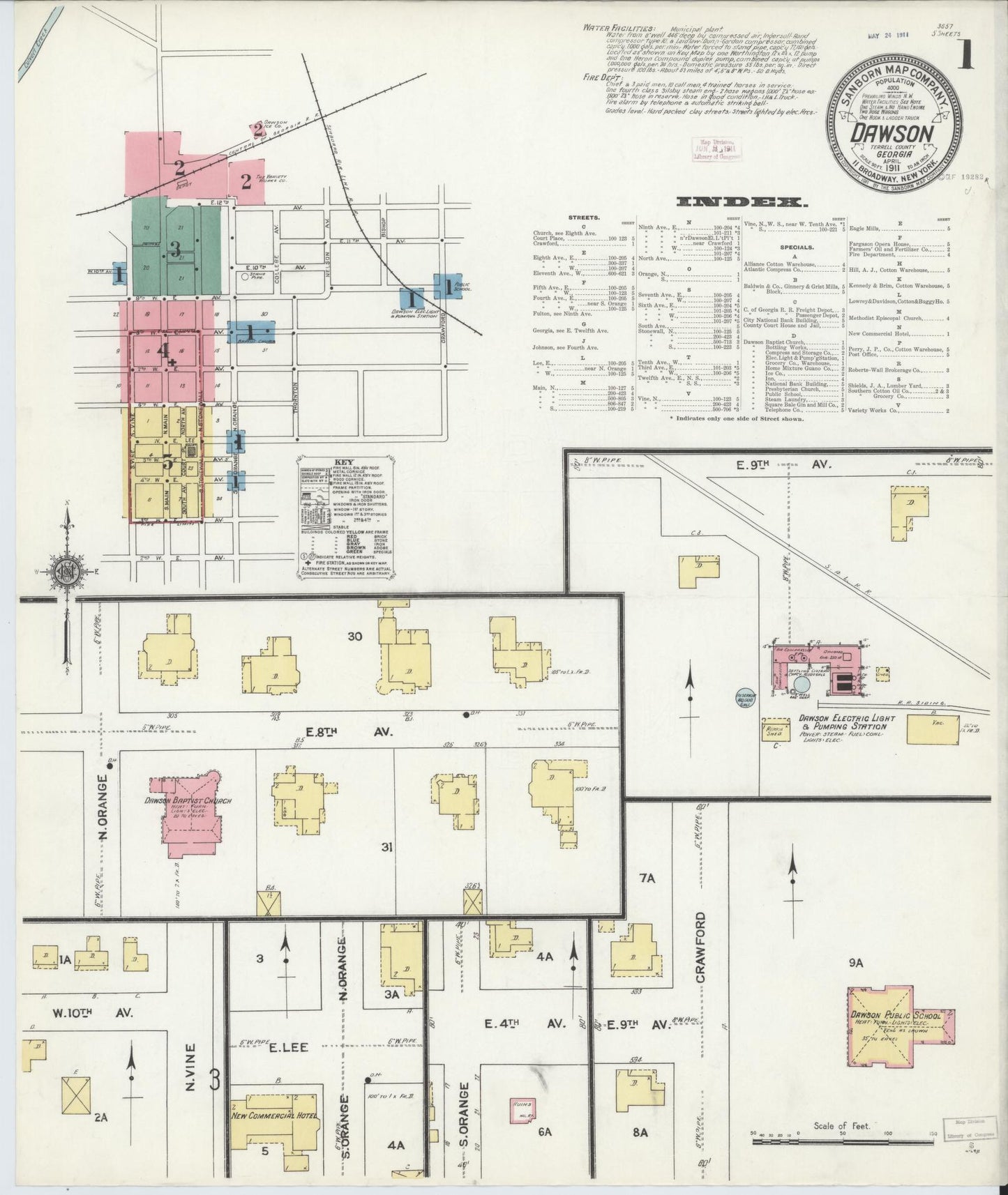 Sanborn Fire Insurance Map from Dawson, Terrell County, Georgia (1911), Sheet #0001 - Historic Sanborn Fire Insurance Map Print, vintage old map wall art, antique decor, genealogy gift, Georgia Georgia map