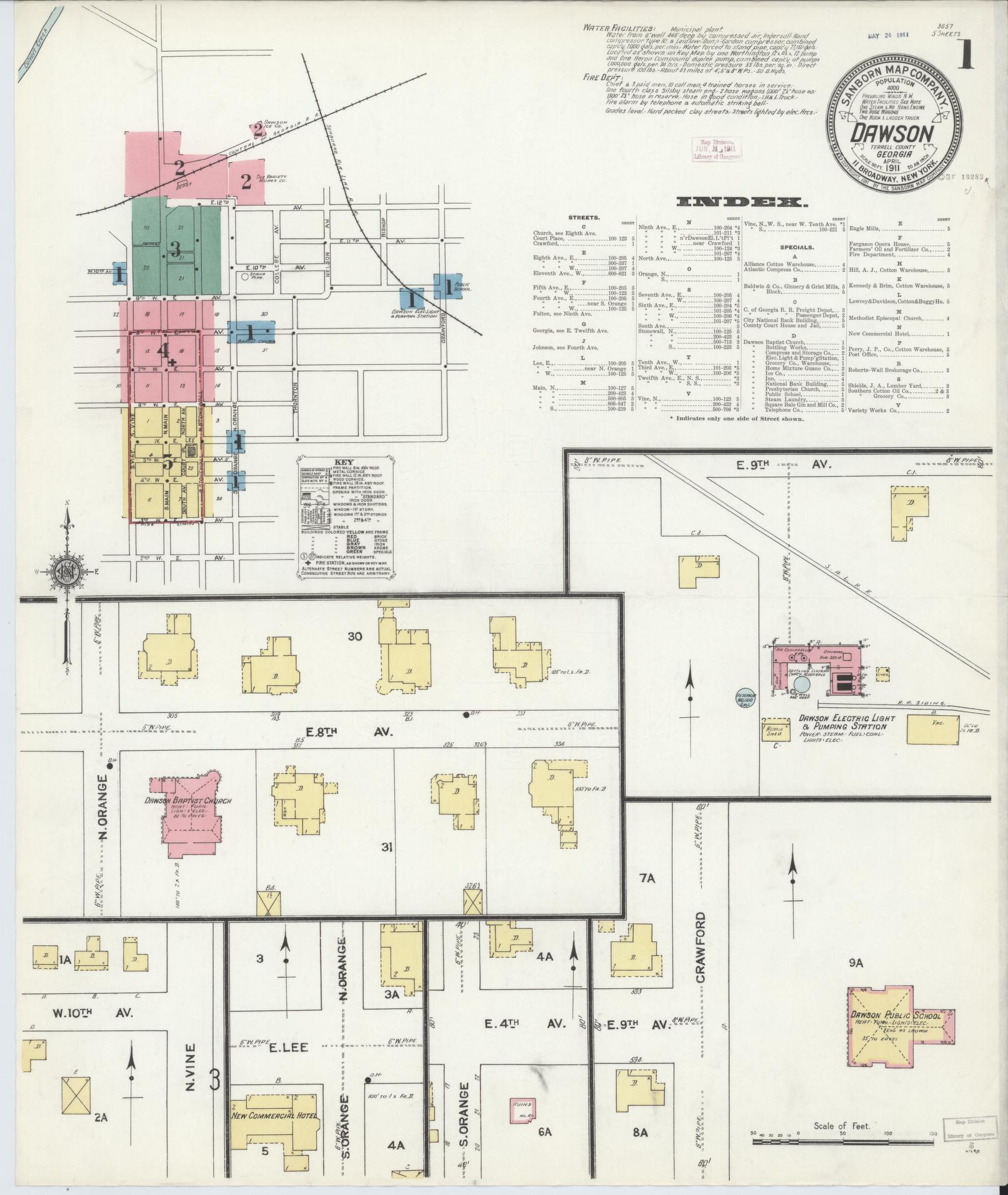 Sanborn Fire Insurance Map from Dawson, Terrell County, Georgia (1911), Sheet #0001 - Historic Sanborn Fire Insurance Map Print, vintage old map wall art, antique decor, genealogy gift, Georgia Georgia map