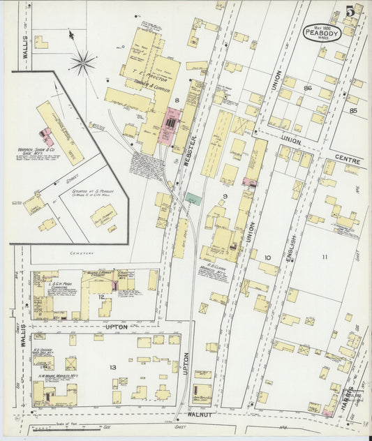 Sanborn Fire Insurance Map from Peabody, Essex County, Massachusetts (1892), Sheet #0005 - Historic Sanborn Fire Insurance Map Print, vintage old map wall art, antique decor, genealogy gift, Massachusetts Massachusetts map