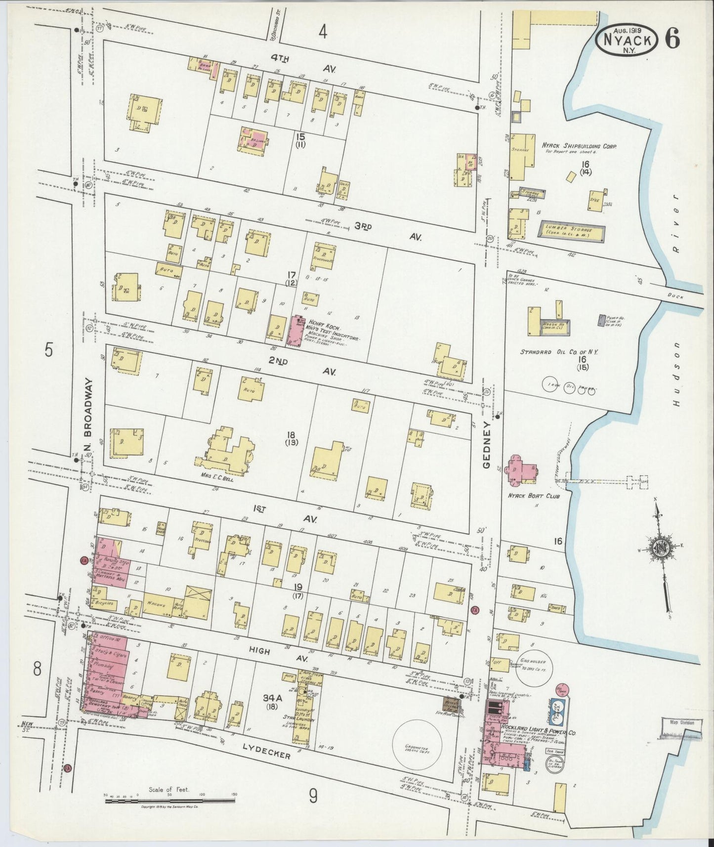 Sanborn Fire Insurance Map from Nyack, Rockland County, New York (1919), Sheet #0006 - Historic Sanborn Fire Insurance Map Print, vintage old map wall art, antique decor, genealogy gift, New York New York map