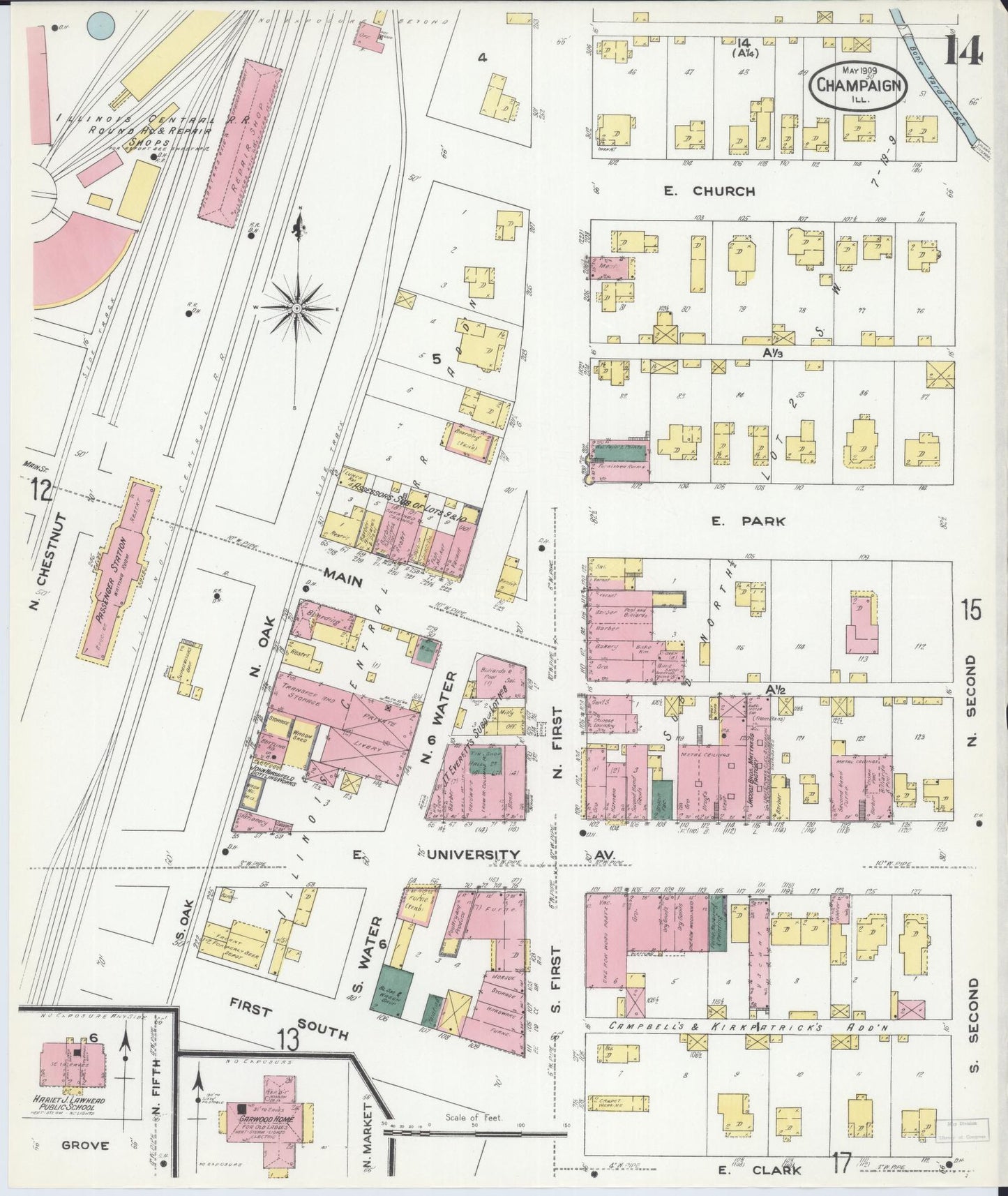 Sanborn Fire Insurance Map from Champaign, Champaign County, Illinois (1909), Sheet #0014 - Historic Sanborn Fire Insurance Map Print, vintage old map wall art, antique decor, genealogy gift, Illinois Illinois map
