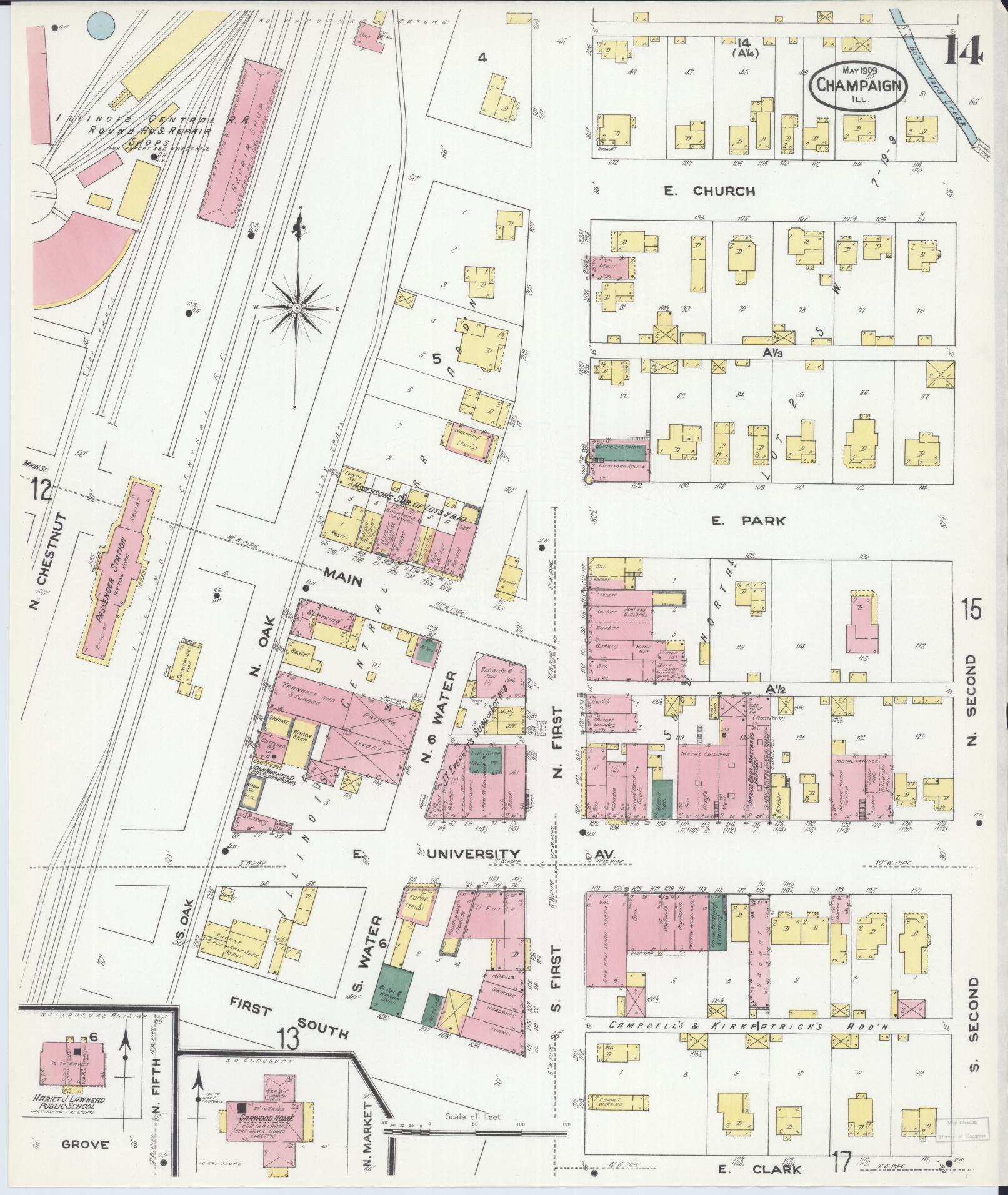 Sanborn Fire Insurance Map from Champaign, Champaign County, Illinois (1909), Sheet #0014 - Historic Sanborn Fire Insurance Map Print, vintage old map wall art, antique decor, genealogy gift, Illinois Illinois map