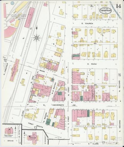 Sanborn Fire Insurance Map from Champaign, Champaign County, Illinois (1909), Sheet #0014 - Historic Sanborn Fire Insurance Map Print, vintage old map wall art, antique decor, genealogy gift, Illinois Illinois map