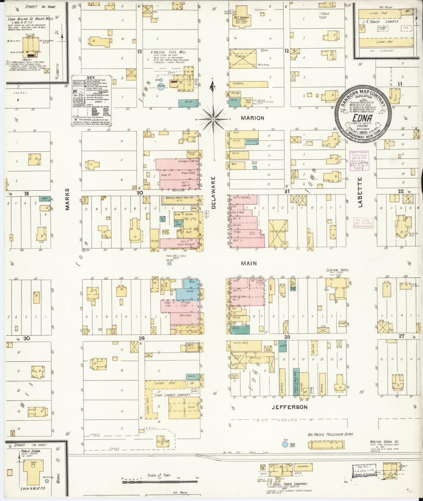 Sanborn Fire Insurance Map from Edna, Labette County, Kansas (1905), Sheet #0001 - Historic Sanborn Fire Insurance Map Print, vintage old map wall art, antique decor, genealogy gift, Kansas Kansas map