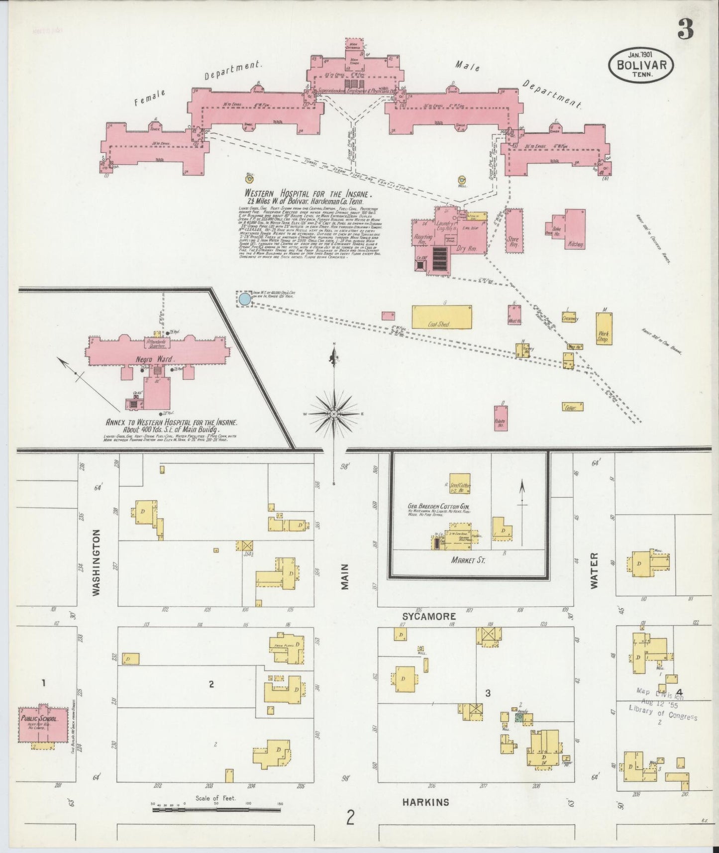 Sanborn Fire Insurance Map from Bolivar, Hardeman County, Tennessee (1901), Sheet #0003 - Complete Map Set gallery image, historic Sanborn map, vintage wall art, Tennessee Tennessee